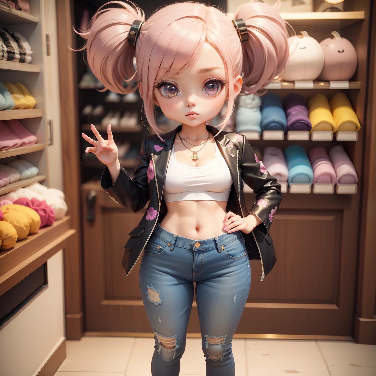 (Chibi 3D)))Cute and beautiful chibi anime//(((tchibi:1.5)))Retro floral sports bra, Oversized Blazer, Boyfriend Jeans, Quilty slippers, amethyst necklace,Retro floral clothing boutique、Standing,Unique Pose.solo