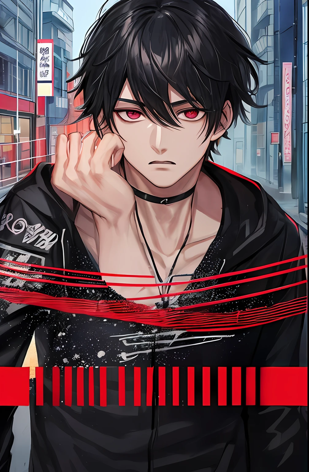 kk, melhor qualidade, mais detalhes, obra-prima, 1boy, kaneki ken, retrato, foco masculino, olhos de sharingan, solo, franja, olhando para o espectador, capuz preto, cabelo curto, chuva, tokyo tokyo \(cidade\), capuz, nail polish, cabelo preto, luxuoso, 8k, detalhado, ray tracing, profundidade de campo, cinematic lighthing,