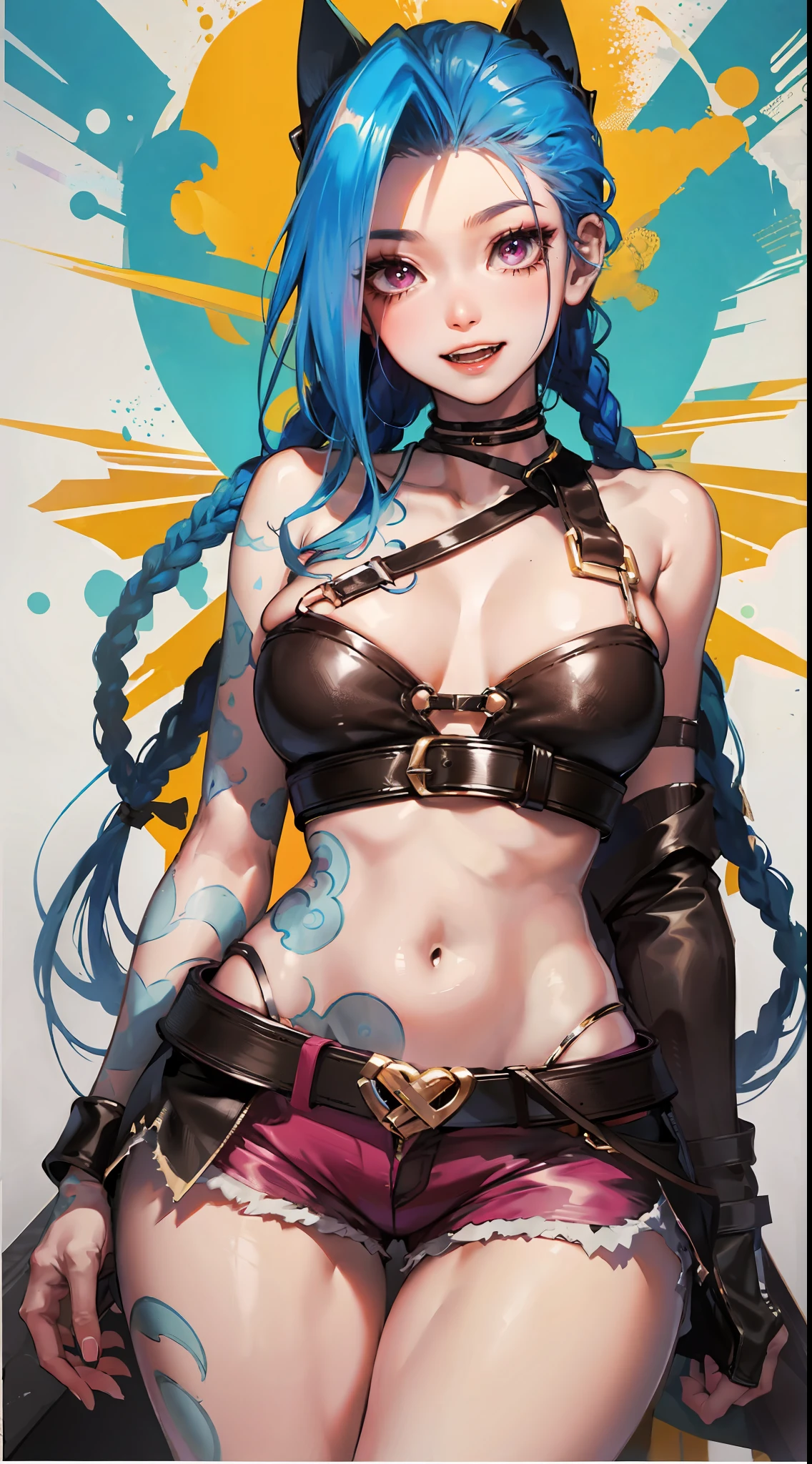 Jinx,Fleshy thighs,Poster publicity style,Ultra shorts,Simetall,C cup,Happy expression