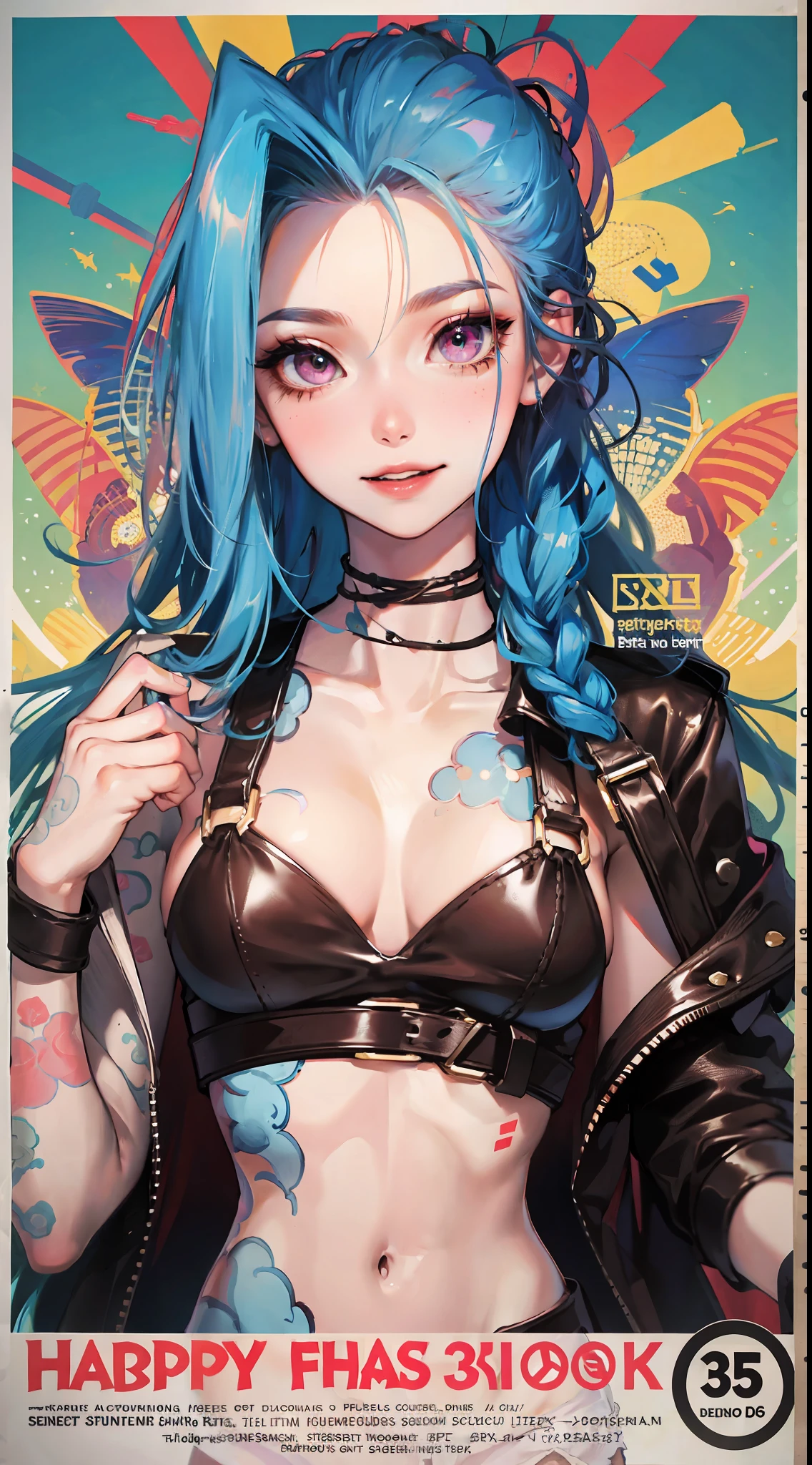 Jinx,Fleshy thighs,Poster publicity style,Ultra shorts,Simetall,C cup,Happy expression