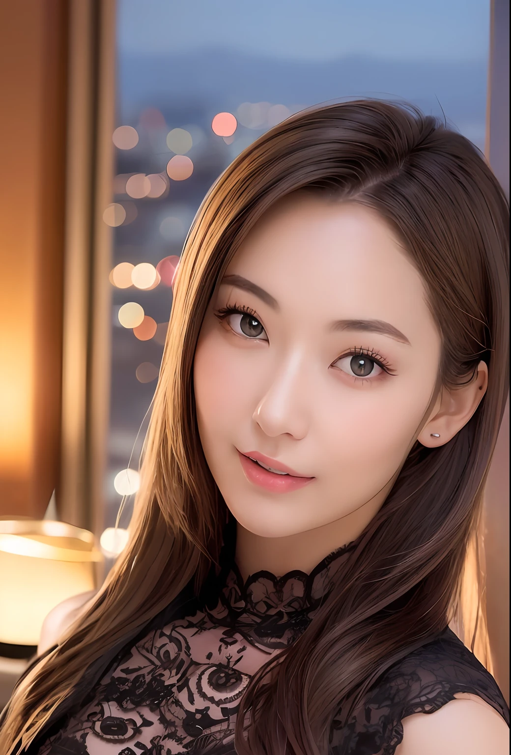 (8k, top quality, masterpiece: 1.2), (realistic, photorealistic: 1.37), super detailed, girl single, cute, solo, midnight, beautiful detailed sky, detailed café, sitting, date, (blush), (smile: 1.15), small breasts (mouth closed), beautiful fine eyes, floating hair NovaFrogStyle, back open dress