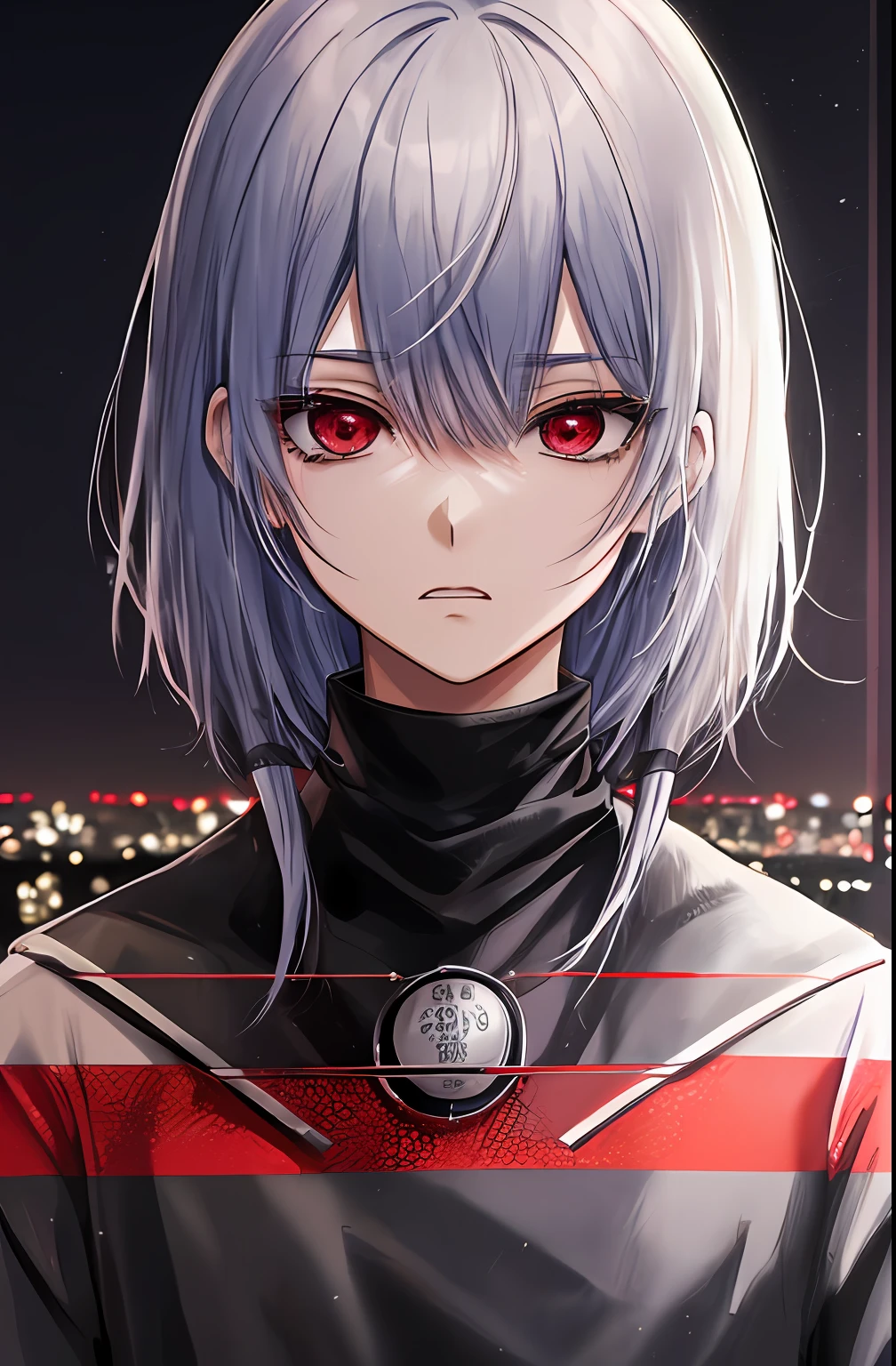 kk, melhor qualidade, mais detalhes, obra-prima, 1boy, kaneki ken, retrato, foco masculino, olhos de sharingan, solo, franja, olhando para o espectador, capuz preto, cabelo curto, chuva, tokyo tokyo \(cidade\), capuz, nail polish, cabelo preto, luxuoso, 8k, detalhado, ray tracing, profundidade de campo, cinematic lighthing,