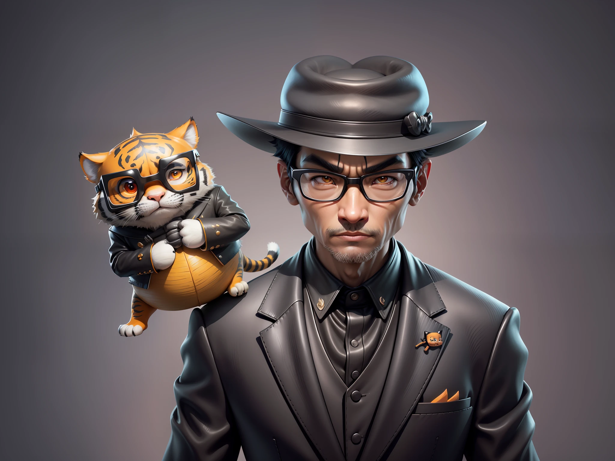 Young man with oriental face in leather hat, tiger, oriental face in formal suit, short black hair, silver glasses, digital painting, 3D character design by Mark Clairedon and Pixar and Hayao Miyazaki and Akira Toriyama, the illustration is a high-definition illustration in 4K resolution with very detailed facial features and cartoon-style visuals.