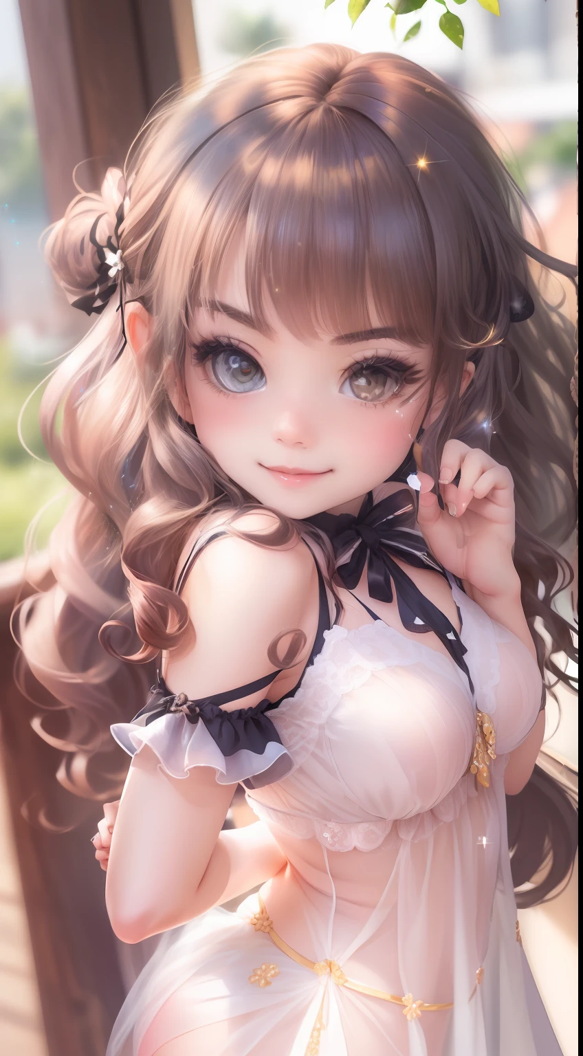 ((top-quality, 8K, ​masterpiece:1.4)), (Photorealsitic, Raw photography, Top image quality:1.5), beautiful  lighting, Movies in which girls shine, realistic shadow, huge filesize, Vibrant colors, Brilliant image quality, colourfull, Fantasia [hight resolution], (-yeld beiful girl:1.6), (Lori:1.2), (Junior Idol), Well-formed fingers, ((Cute pose with arms crossed behind back:1.5)), ((Glittering Perfect Beautiful Girl:1.3)), a handsome, a cool, (innocent smiles:1.2), ((Super Cute Super Beautiful Girl)), (Crisp and gentle eyes), dual, (with blush cheeks:1.4), ((morning、Beautiful girl wearing transparent gothic lory tusspray:1.4)), Cute hair, (Show me your big ass:1.2), Perfect and beautiful body, Lovely room, Innocent Girl, Japan beautiful girl, Shines