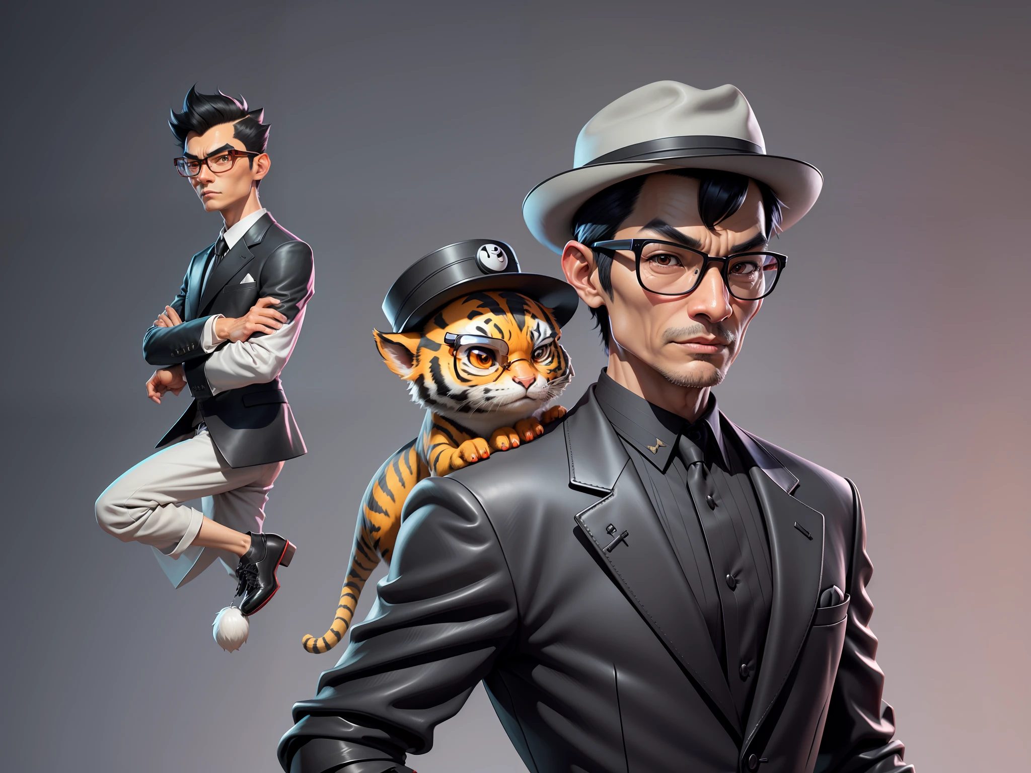 Young man with oriental face in leather hat, tiger, oriental face in formal suit, short black hair, silver glasses, digital painting, 3D character design by Mark Clairedon and Pixar and Hayao Miyazaki and Akira Toriyama, the illustration is a high-definition illustration in 4K resolution with very detailed facial features and cartoon-style visuals.