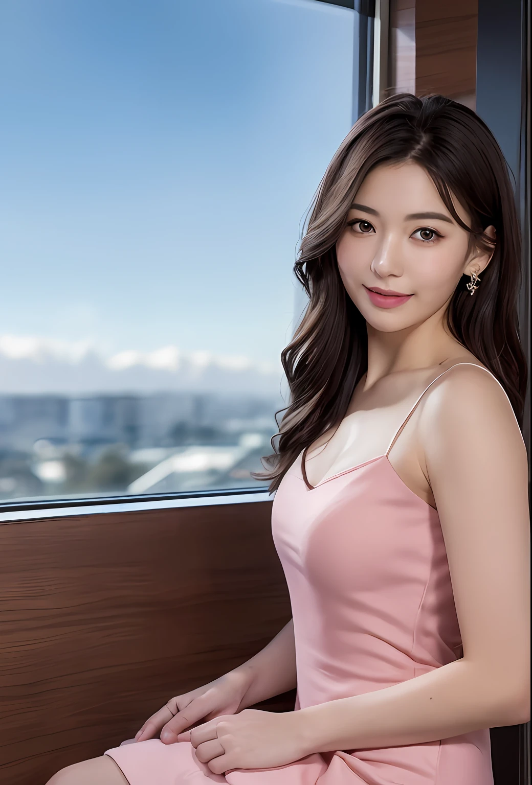 (8k, top quality, masterpiece: 1.2), (realistic, photorealistic: 1.37), super detailed, girl single, cute, solo, midnight, beautiful detailed sky, detailed café, sitting, date, (blush), (smile: 1.15), small breasts (mouth closed), beautiful fine eyes, floating hair NovaFrogStyle, back open dress