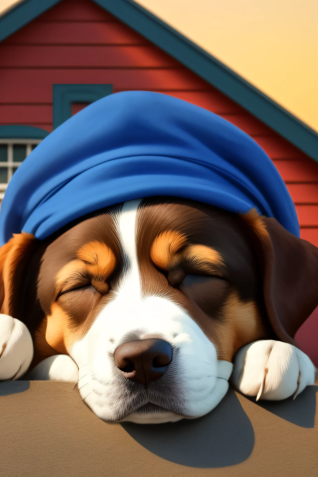 SLEEPY FACE, dog very similar to snoopy, lying on top of his house, with open eyes but sleepy face, with dark circles under his eyes, face of someone who is waking up,sleeping cap