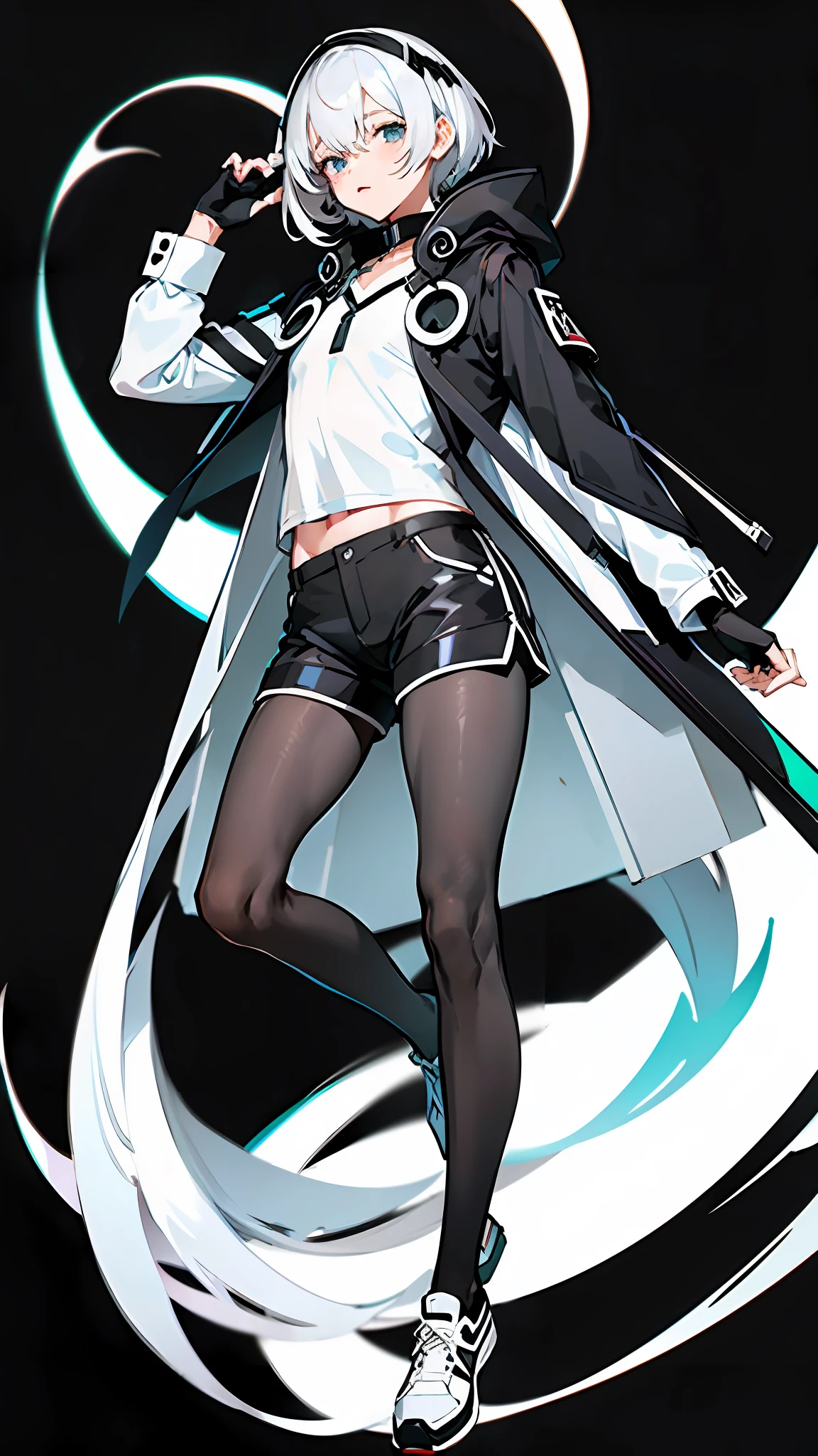 Masterpiece, Best quality, Solo,Boy, Pantyhose, White hair,Short hair, (White shirt:1.4),(Black shorts:1.5), blackfootwear, full bodyesbian, Black pantyhose, shirt, Shorts, Coat, Open coat, view the viewer, Hood, Sneakers, Open clothes, Black coat, (Flat chest:1.7), No breasts,Long sleeves, bangs, Fingerless gloves, Short hair, hair between eye,Black background