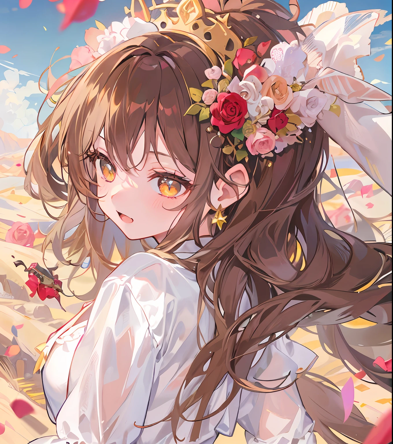 Masterpiece quality，The best quality assurance。A brown hair、Cute girl with golden eyes。Tsundere，Exudes magic，With a rose headdress，Long hair flutters in the wind，naughty big breasts，White color blouse，Behind it is the desert