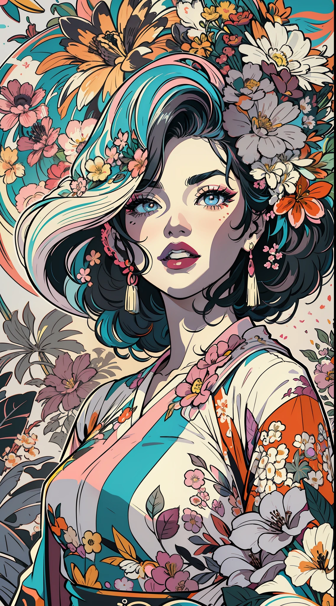 Create a digital art work in pop art style, featureing a vibrant and confident asian woman with bold makeup and colorfull fashion, cinematic color scheme, surrounded by vintage flowers patterns, energtic brushstrokes,the mood should be dynamic, upper body, drawing, illustration, grayscale, tropical, vintage fruits, vintage plants, many flowers, vector