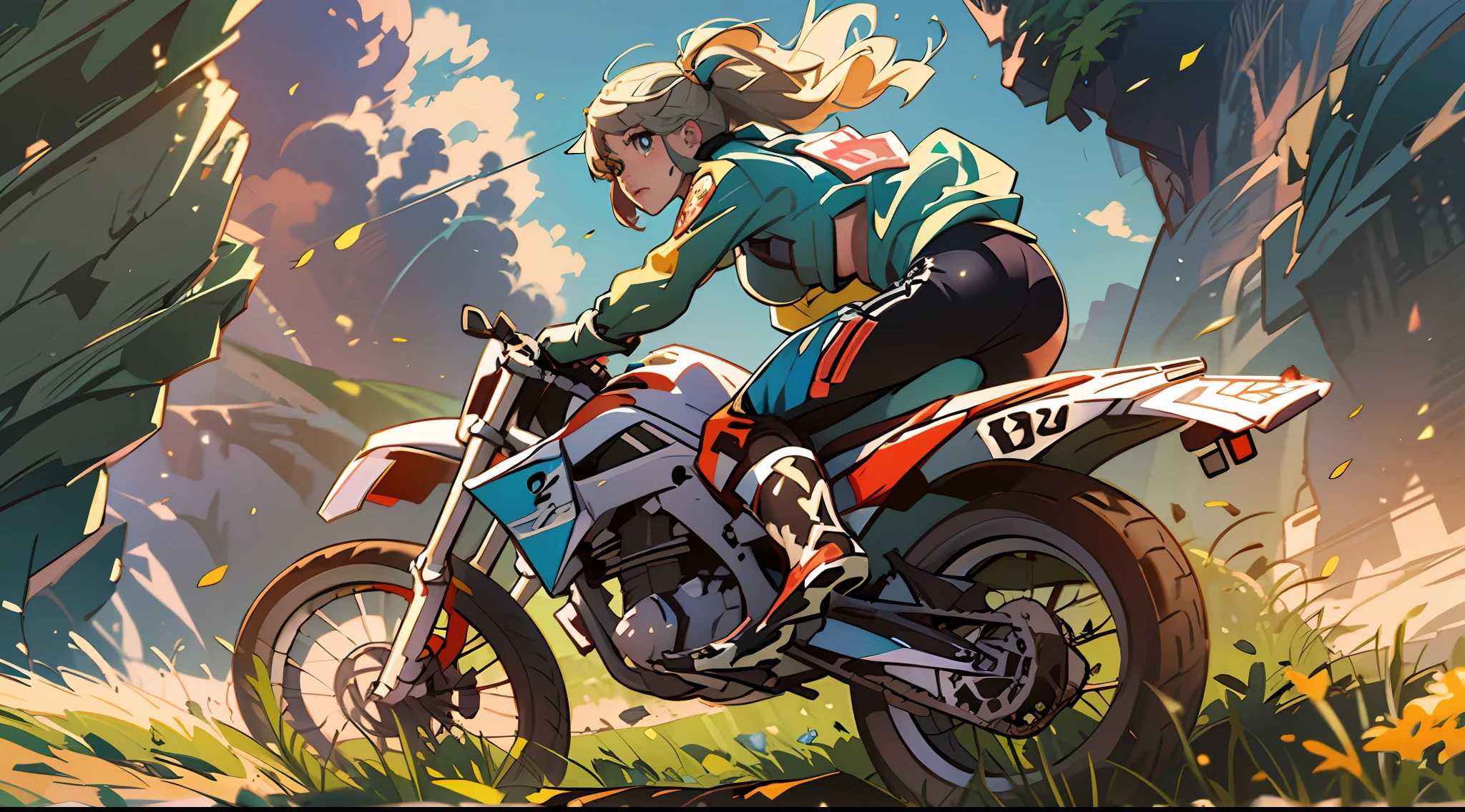 A woman rides a motocross which is in the middle of a jump between 2 cliffs and she is enjoying the fact she is doing a well-done job, she is using a motocross suit, 1 woman, she is not using a helmet, highly detailed face, particles of dirty and grass around, daylight, sun rays, atmospheric light, high definition, masterpiece, intricate details, 8K, ultra definition, radical, volumetric illumination, dynamic composition, highly detailed, colorful, 2d anime style, moe style