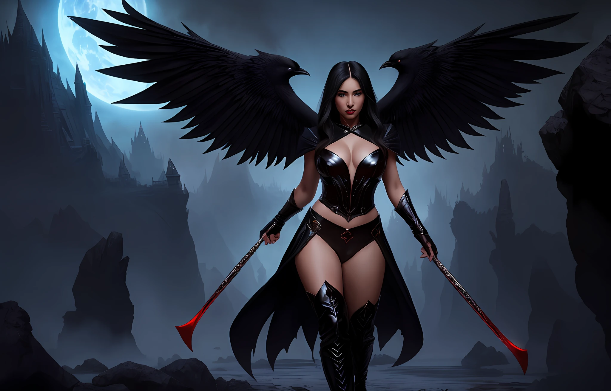 There's a black-haired woman, olhos azuis, red-lips, rosto perfeito, com grandes asas negras andando na rua, seios nus, pele clara, pale skin, abdome fino, abdome exposto, Botas de coxa, latex boots, Vilania tem asas de anjo negro, Epic Fantasy Digital Art Style, por Yang J, Arte de fantasia 4k, raven winged female vampire, Artgerm Julie Bell Beeple, Chengwei Pan em ArtStation, arte conceitual | Artgerm, epic exquisite character art, anjo escuro