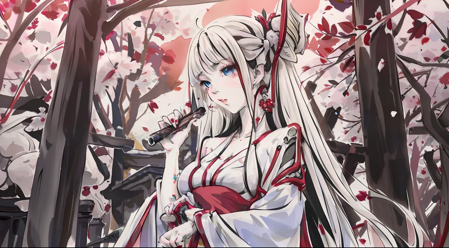 white color hair，Red and white clothes，Draw your sword，Cherry blossom decoration，Blue pupils，Lori ???????????? cleavage