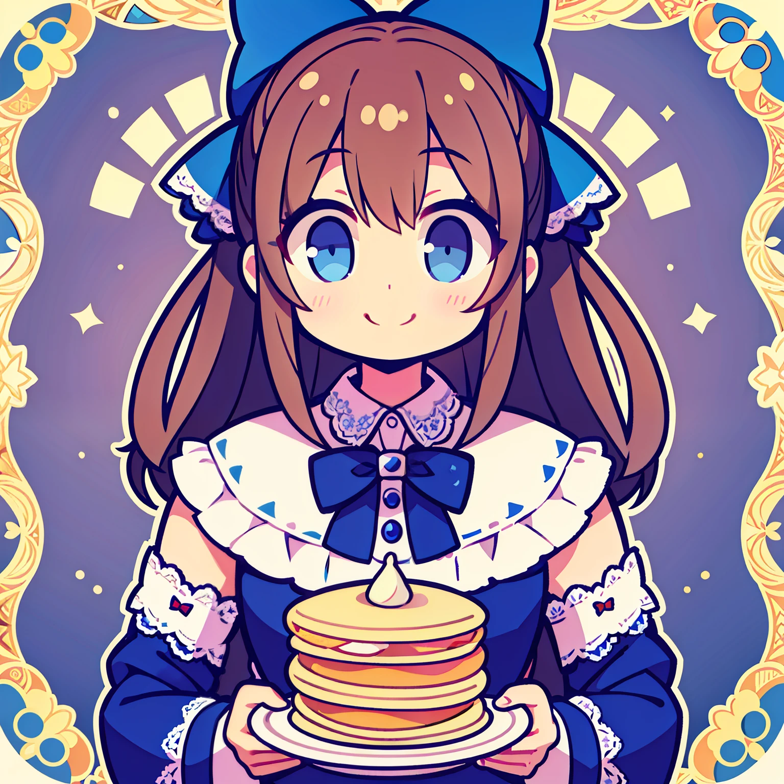 blue eyes, cute bow beside the cheek, delighted smile, lace trims on shoulders,eating crepe,cheerful smile,plain background