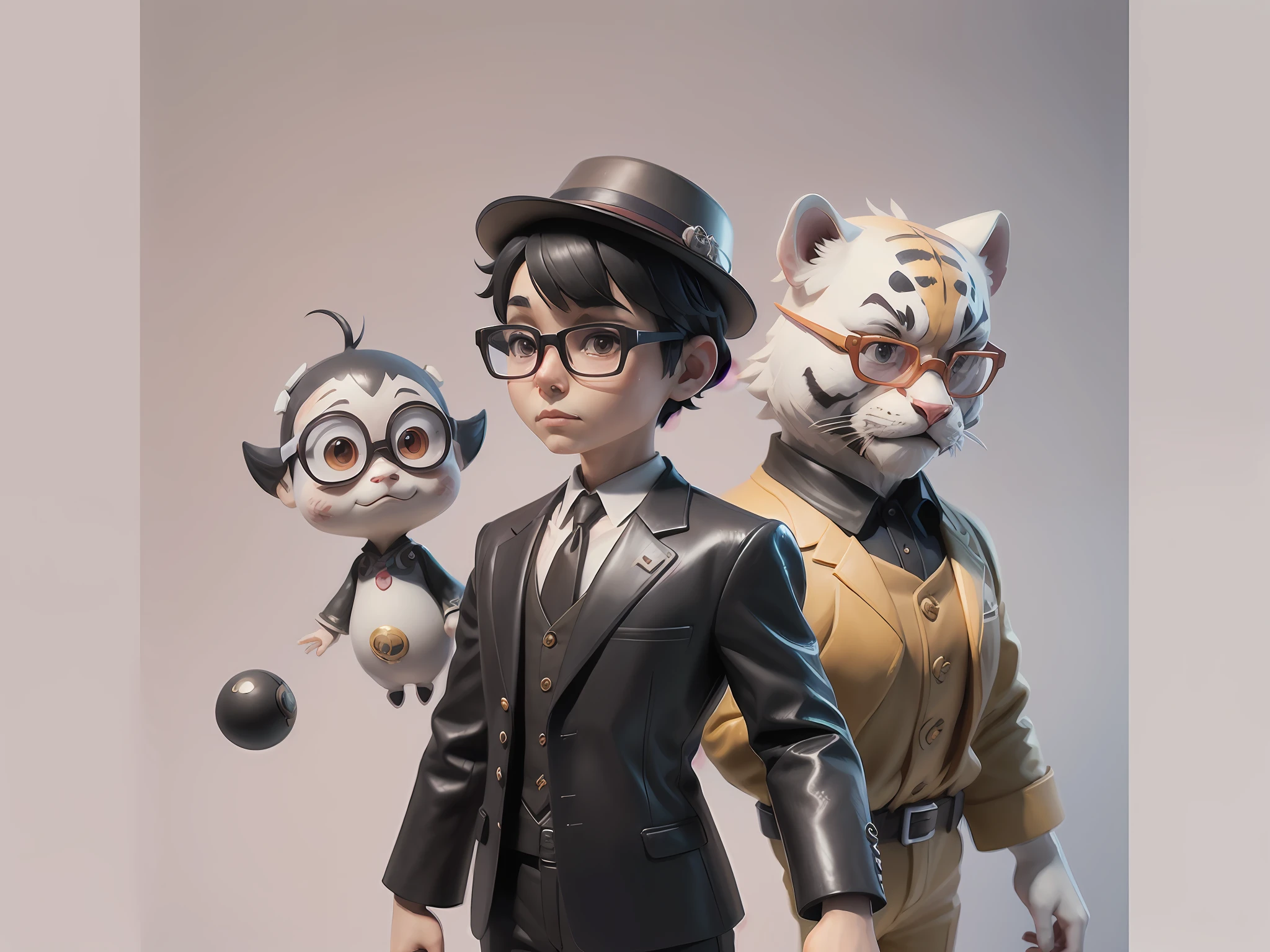 Young man with oriental face in leather hat, tiger, oriental face in formal suit, short black hair, silver glasses, digital painting, 3D character design by Mark Clairedon and Pixar and Hayao Miyazaki and Akira Toriyama, the illustration is a high-definition illustration in 4K resolution with very detailed facial features and cartoon-style visuals.