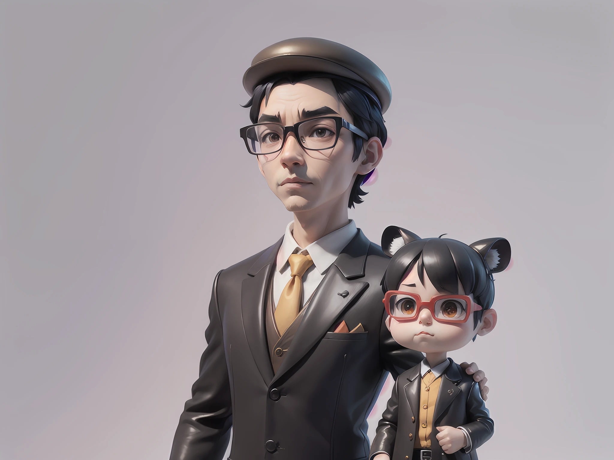 Young man with oriental face in leather hat, tiger, oriental face in formal suit, short black hair, silver glasses, digital painting, 3D character design by Mark Clairedon and Pixar and Hayao Miyazaki and Akira Toriyama, the illustration is a high-definition illustration in 4K resolution with very detailed facial features and cartoon-style visuals.