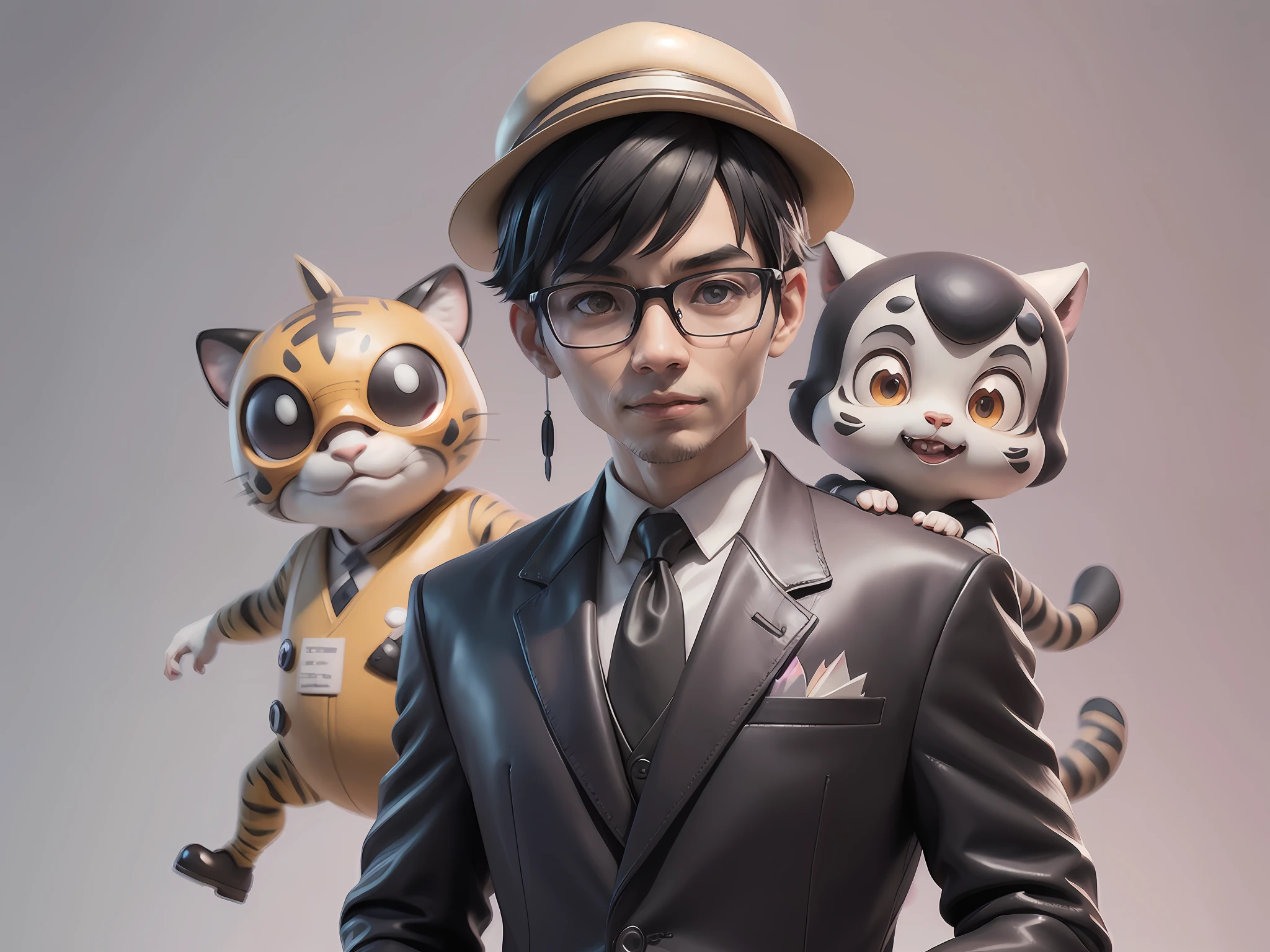 Young man with oriental face in leather hat, tiger, oriental face in formal suit, short black hair, silver glasses, digital painting, 3D character design by Mark Clairedon and Pixar and Hayao Miyazaki and Akira Toriyama, the illustration is a high-definition illustration in 4K resolution with very detailed facial features and cartoon-style visuals.
