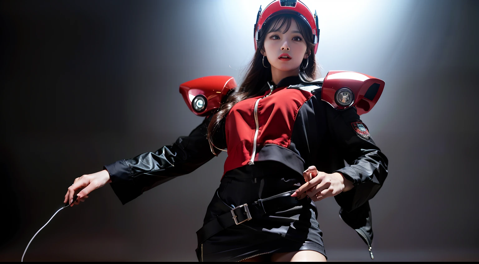 Highest image quality, outstanding details, super high resolution, (fidelity: 1.4), the best illustration, favor details, highly condensed 1girl, with a delicate and beautiful face, dressed in a red-black mech, (torn clothes: 1.5), (skirt), wearing a mecha helmet, holding a directional controller, riding on a motorcycle, the background is a high-tech lighting scene of the future city.