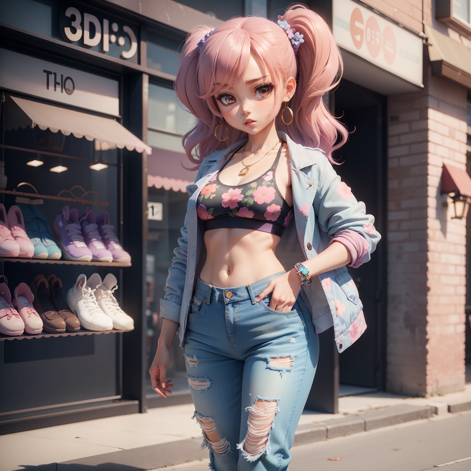 (Chibi 3D)))Cute and beautiful chibi anime//(((tchibi：1.5)))Retro floral sports bra, Oversized Blazer, Boyfriend Jeans, Quilty slippers, amethyst necklace,Retro floral clothing boutique、Standing,Unique Pose.Solo