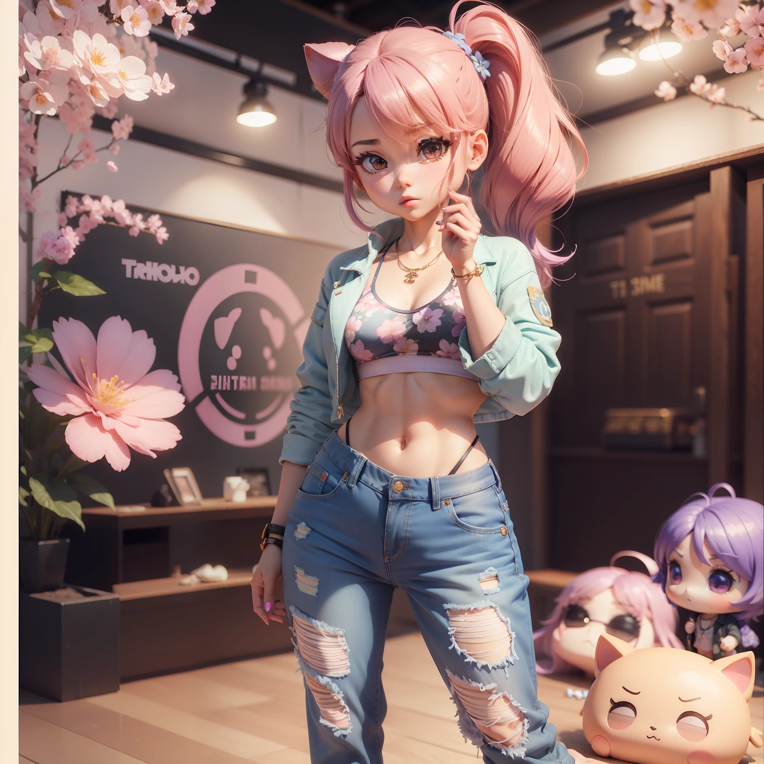 (Chibi 3D)))Cute and beautiful chibi anime//(((tchibi：1.5)))Retro floral sports bra, Oversized Blazer, Boyfriend Jeans, Quilty slippers, amethyst necklace,Retro floral clothing boutique、Standing,Unique Pose.Solo