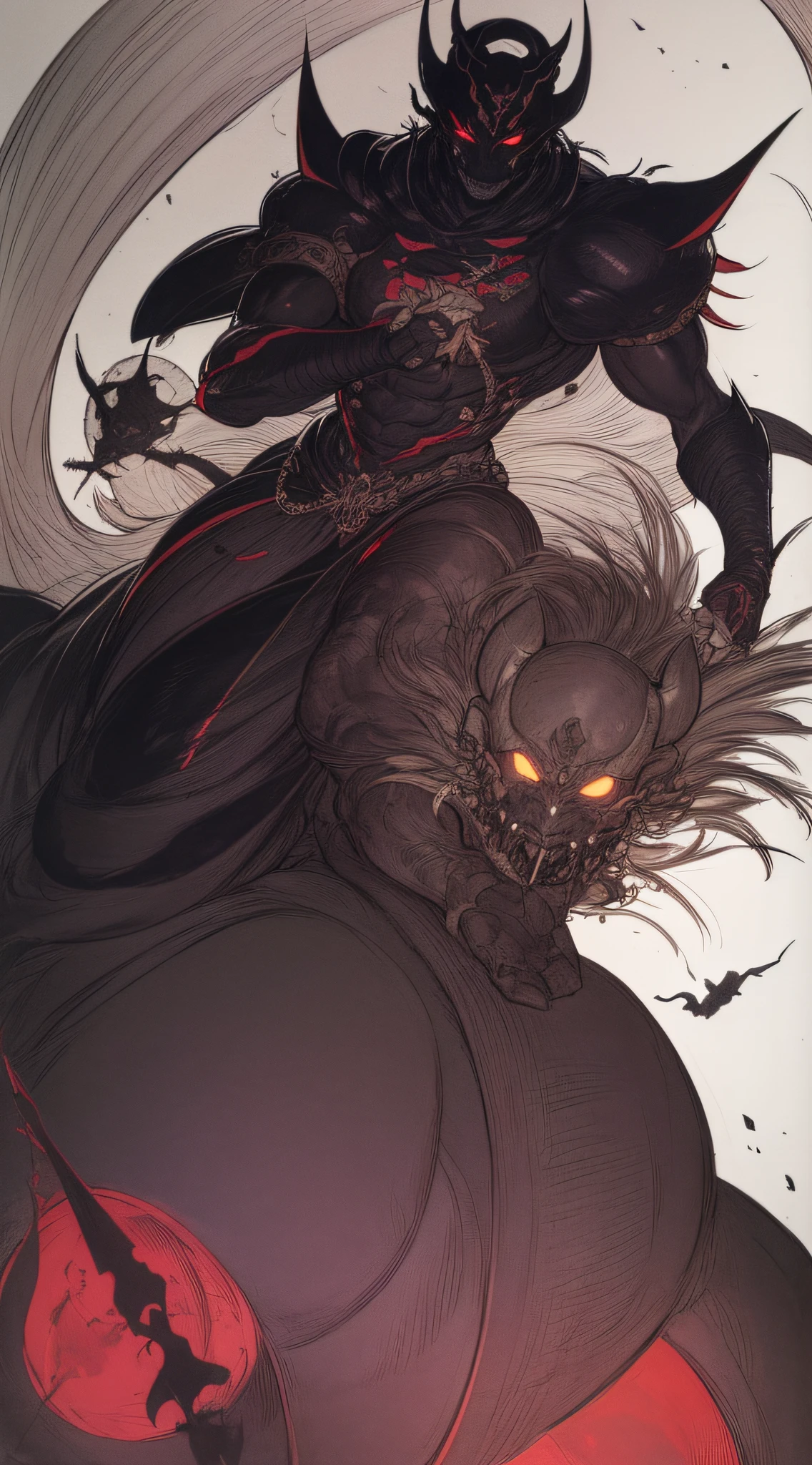 man 1,crows、(((Black Majin)))、White background、Black Knight、line-drawing、pale color、Big hat、musculature、Fantastical、Alfonse Mucha、de pele branca、Cladding、Rough sketch、coarser line、Painterly、Lively poses、Cladding、Delicate touch、fine lines、Equivocal faces、Sky City、Pencil drawing、Red Moon、Castle on the Moon、Luminous Eyes、Black mask、wriggling the body、fullface、swordsmen、jump up、Raise your hands up、Riding a black horse、Demon Horde、Ruins in the sky、a beard、Lunette de soleil