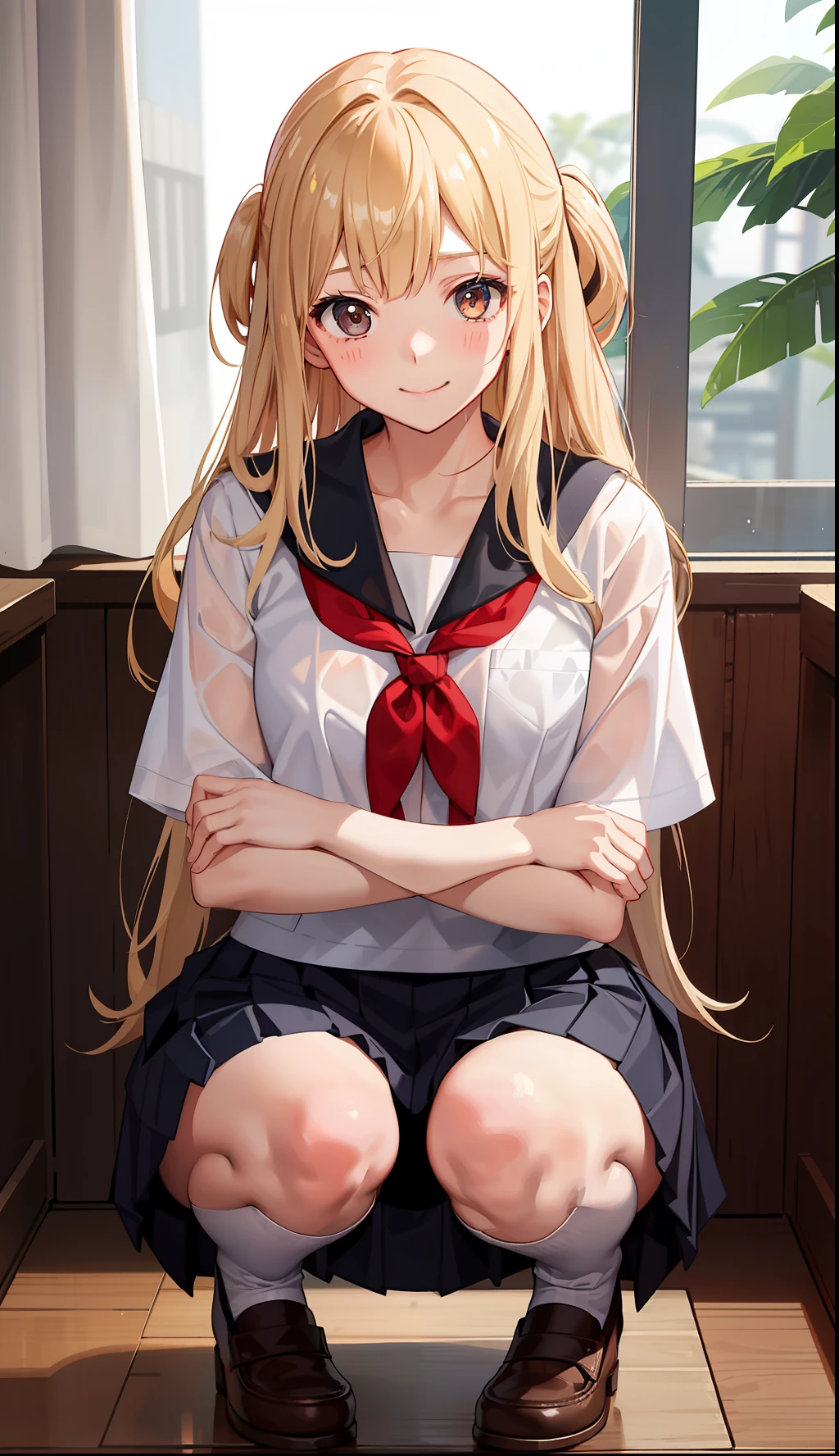 1girl in、A smile、The shirt、skirt by the、(small tits)Chilarism、Japan High School Student Uniform、serafuku、summer clothing、Squall Drenched Uniform、(Sheer Bra)、Upper body portrait、blonde hair、Squatting panchira、