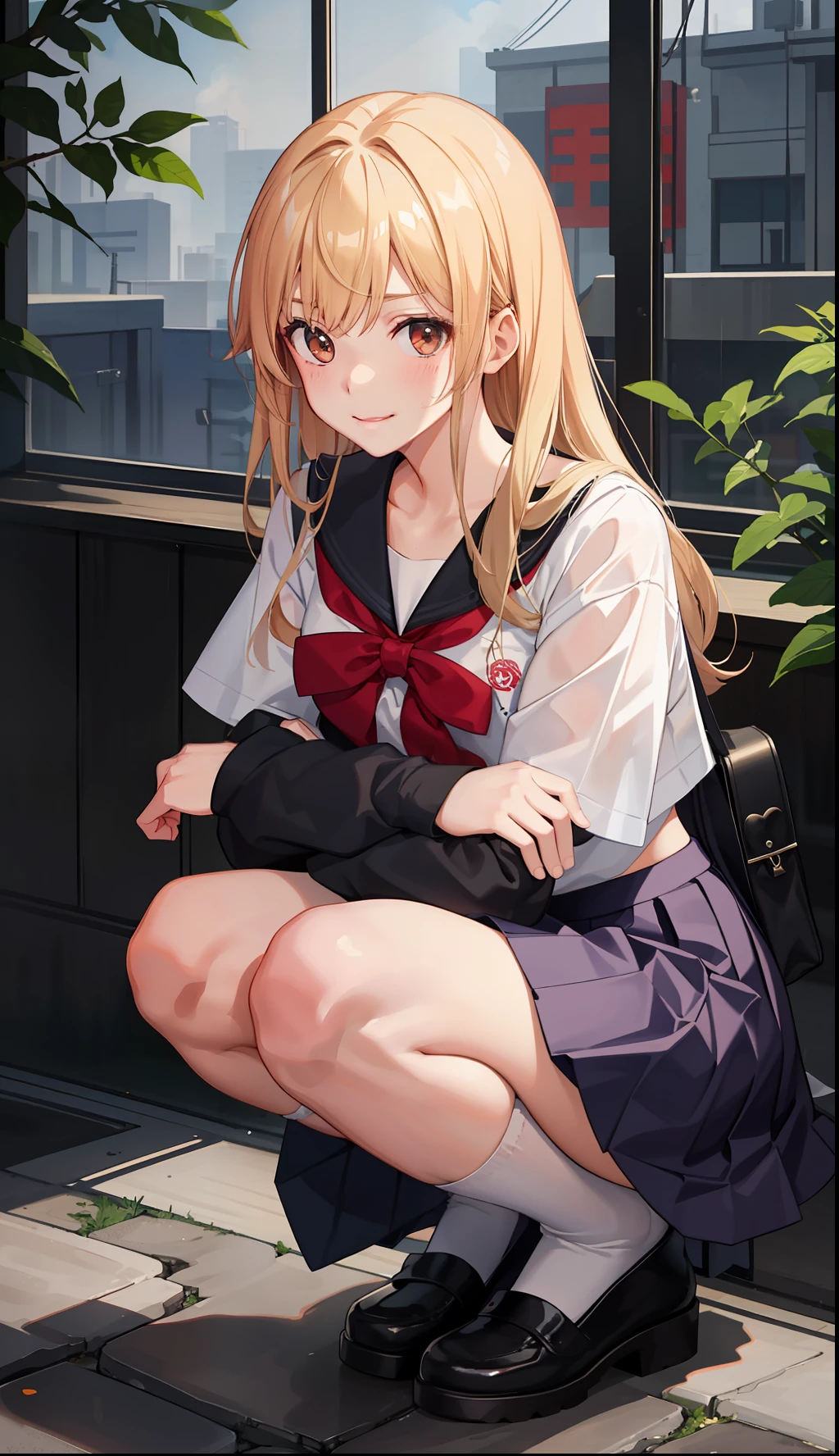 1girl in、A smile、The shirt、skirt by the、（small tits）Chilarism、Japan High School Student Uniform、serafuku、summer clothing、Squall Drenched Uniform、（Sheer Bra）、Upper body portrait、blonde  hair、Squatting panchira、