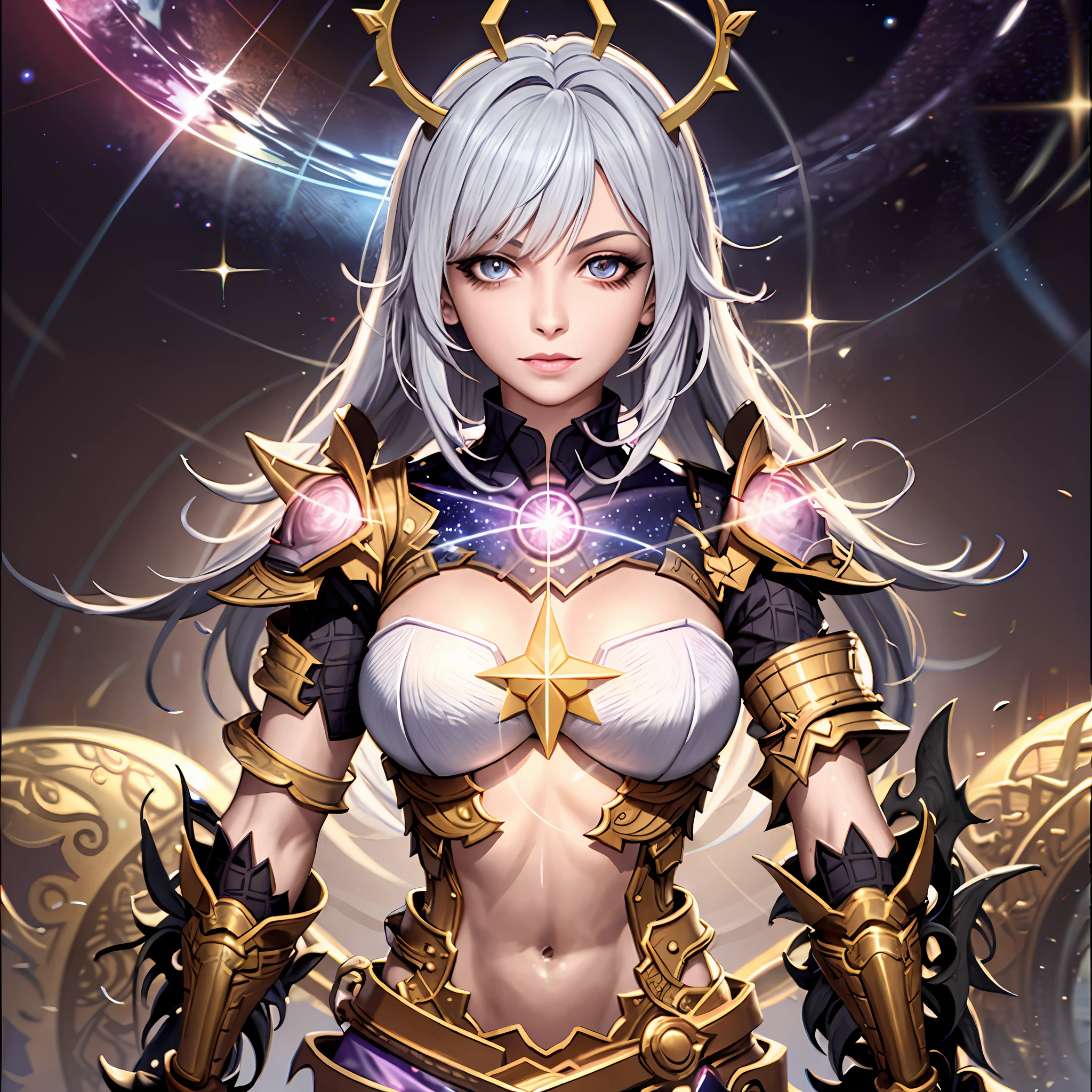 um close up de uma mulher com uma espada e armadura, portrait knights of zodiac girl, knights of zodiac girl, Mago Celestial Lindo, Deusa ciborgue no cosmos, goddess of galaxies, divindade de cabelos brancos, cushart krenz arte chave feminina, deusa anime, tiro extremamente detalhado da deusa, 2. 5 d cgi anime fantasia arte, Deusa Celestial, deusa. Detalhes extremamente altos