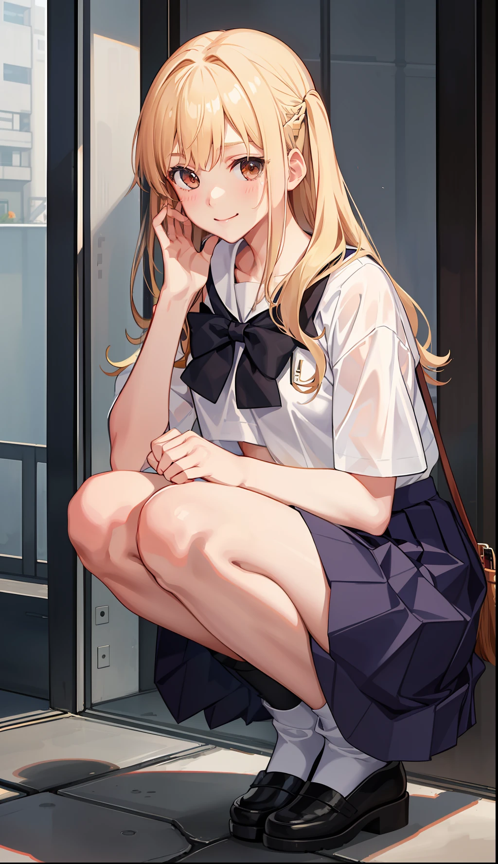 1girl in、A smile、The shirt、skirt by the、(small tits)Chilarism、Japan High School Student Uniform、serafuku、summer clothing、Squall Drenched Uniform、(Sheer Bra)、Upper body portrait、blonde hair、Squatting panchira、