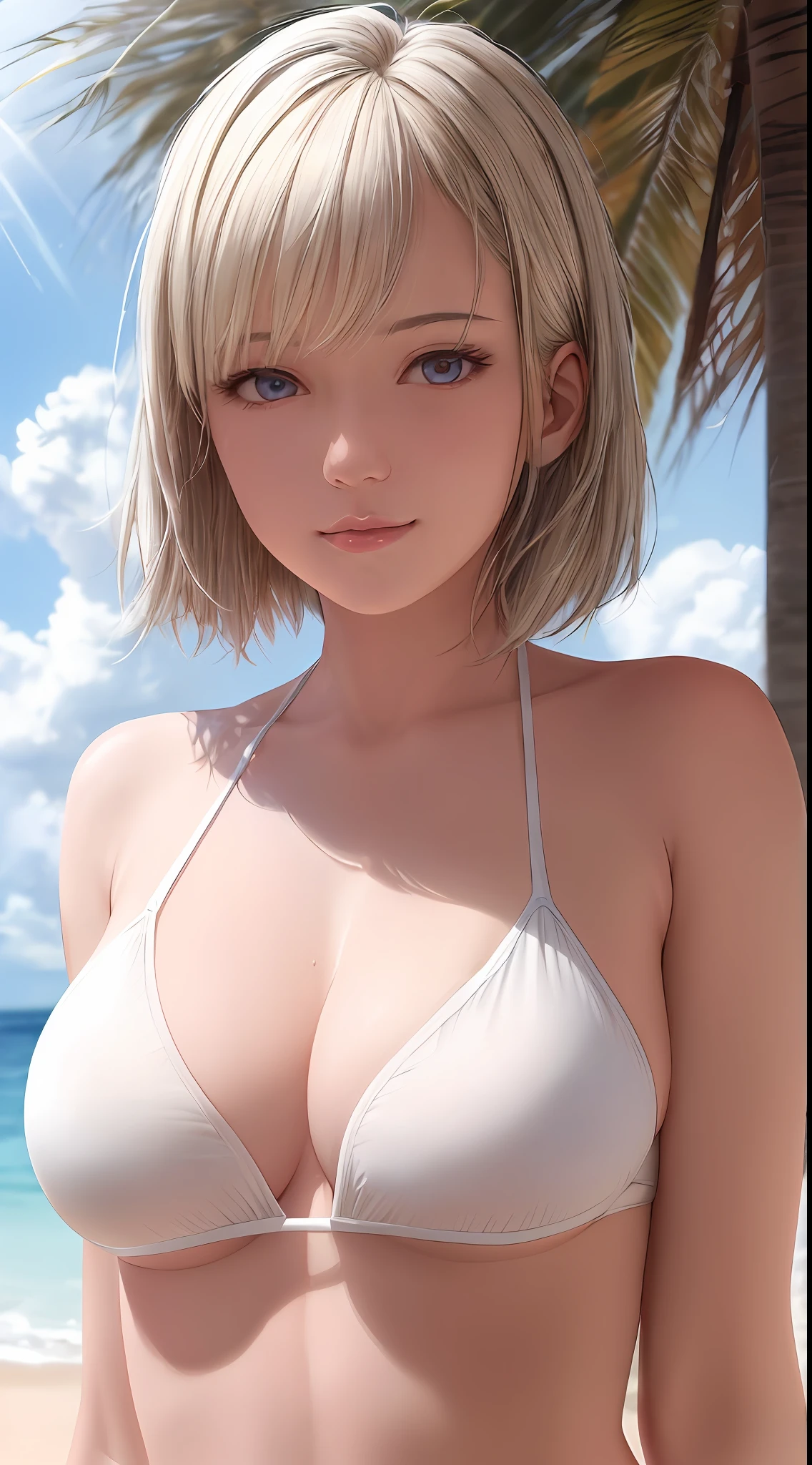 ((((masterpiece, best quality, high resolution)))), Extremely detailed 8K, Beautiful girl body, (Ultra HD, Ultra-detailed, Highly detailed, Highly realistic, Ultra-realistic, photograph realistic), (1girl:1.5), (Realistic white hair), short wavy hair, bob cut, (dynamicposes), facing at camera, light smile, purple eyes, average breasts, cleavage, blush, (beautiful detailed face, beautiful detailed eyes), white bikini, sweat, glow, (beach, sunbeam, sunlight)