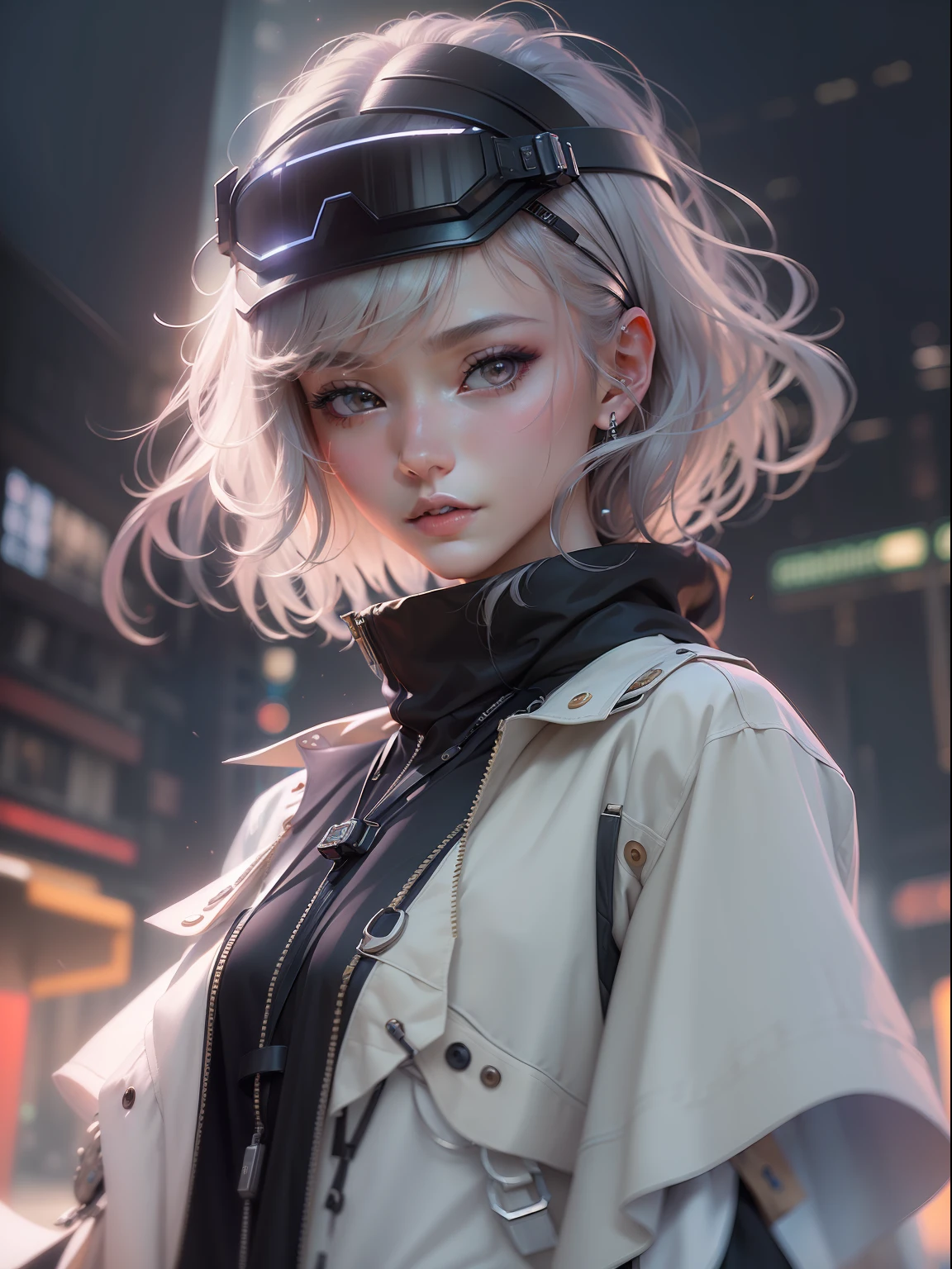 (((masterpiece)))、(((top-quality)))、((ultra-definition))、(High Definition CG Illustration)、((extremely delicate and beautiful))、Cyber City、Cinematic Light、Yohji Yamamoto Fashion、2080s、animesque、girl with、trending on artstationh、Rachel Walker