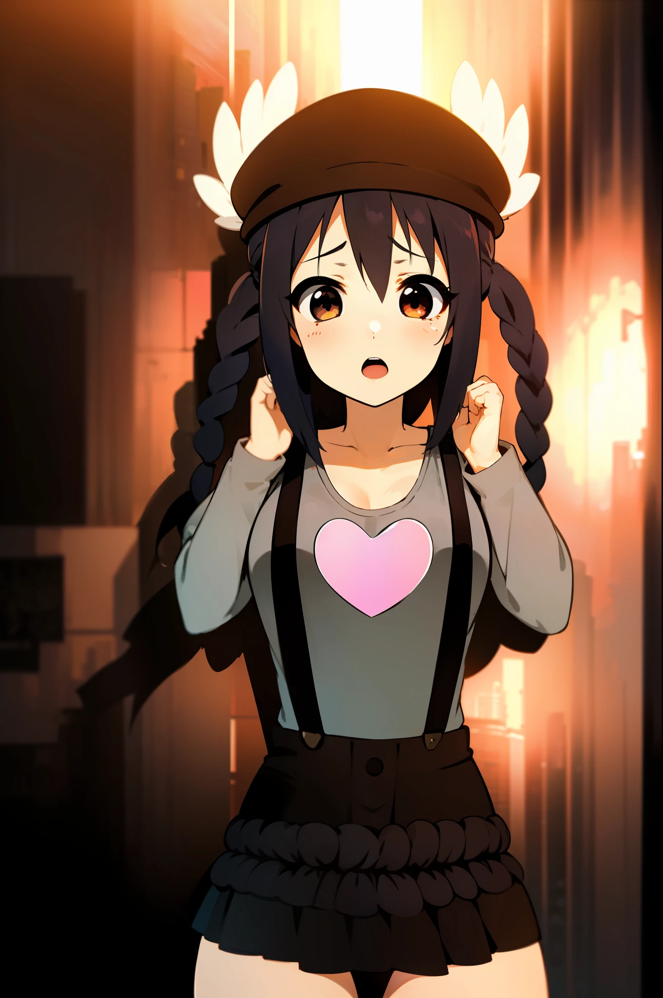 1girl, (((​masterpiece))), top-quality, top-quality, High Details, nakano azusa, 1girl, Twin-tailed, length hair, A dark-haired, brown-eyed, Gray T-shirt.suspenders.a black skirt.illustratio, comic strip, soothing tones, Subdued Color, Soft cinematic light, adobe lightroom, photolab, HDR, intricately and hyper-detailed、(((depth of fields))))。(((​masterpiece)))。(((top-quality))).)((ultra-detailliert)))。(((illustratio)))。(((takeout))).dynamic focus.big breasts.(((Skyscrapers))).(((A city scape))).(((Face of sadness))). open mouth.(((fighting stance))).(((up chest))).((evening glow)).((the setting sun)).(((Heart on chest))).Feathered hat