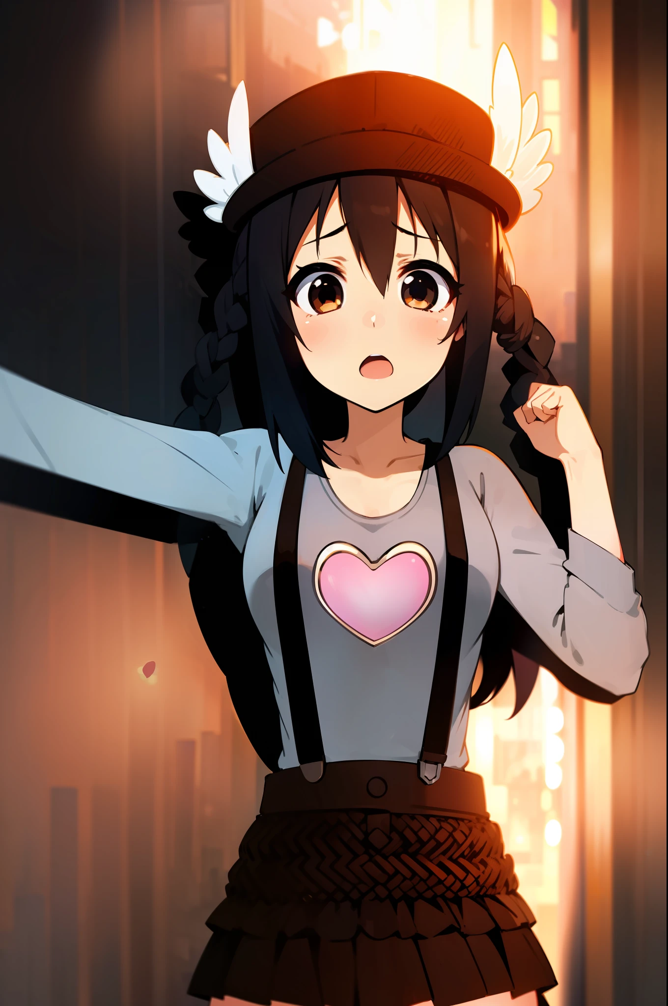 1girl, (((​masterpiece))), top-quality, top-quality, High Details, nakano azusa, 1girl, Twin-tailed, length hair, A dark-haired, brown-eyed, Gray T-shirt.suspenders.a black skirt.illustratio, comic strip, soothing tones, Subdued Color, Soft cinematic light, adobe lightroom, photolab, HDR, intricately and hyper-detailed、(((depth of fields))))。(((​masterpiece)))。(((top-quality))).)((ultra-detailliert)))。(((illustratio)))。(((takeout))).dynamic focus.big breasts.(((Skyscrapers))).(((A city scape))).(((Face of sadness))). open mouth.(((fighting stance))).(((up chest))).((evening glow)).((the setting sun)).(((Heart on chest))).Feathered hat