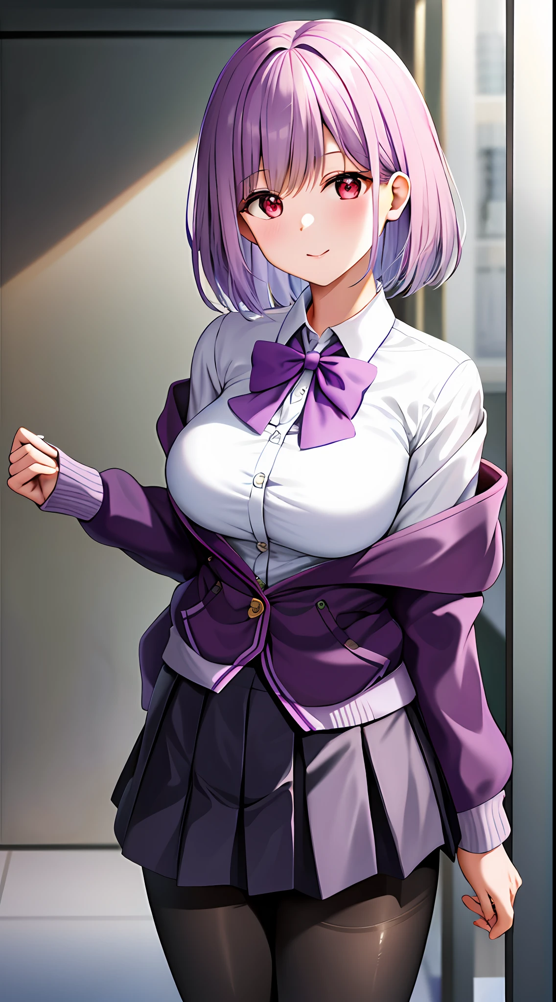 Masterpiece, Best quality, A high resolution, Akane Shinjo, 1girll, Solo, Pantyhose, shirt, bow, Skirt, purple jacket, Jacket, White shirt, Long sleeves, Short hair, Black skirt, Collared shirt, Black pantyhose, Open clothes, neck bowtie, Purple bow, Breasts, bangs, Red eyes, Pleated skirt, cropped shoulders, Open jacket, sleeves past wrists, Light purple hair, Purple bow tie, Miniskirt,  Cowboy shot, Classroom,