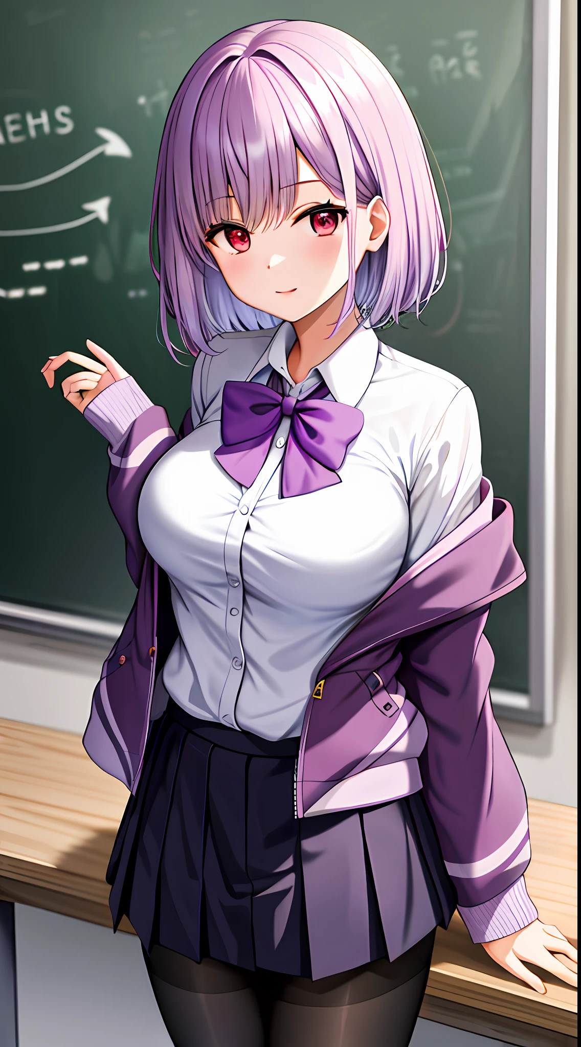 Masterpiece, Best quality, A high resolution, Akane Shinjo, 1girll, Solo, Pantyhose, shirt, bow, Skirt, purple jacket, Jacket, White shirt, Long sleeves, Short hair, Black skirt, Collared shirt, Black pantyhose, Open clothes, neck bowtie, Purple bow, Breasts, bangs, Red eyes, Pleated skirt, cropped shoulders, Open jacket, sleeves past wrists, Light purple hair, Purple bow tie, Miniskirt,  Cowboy shot, Classroom,