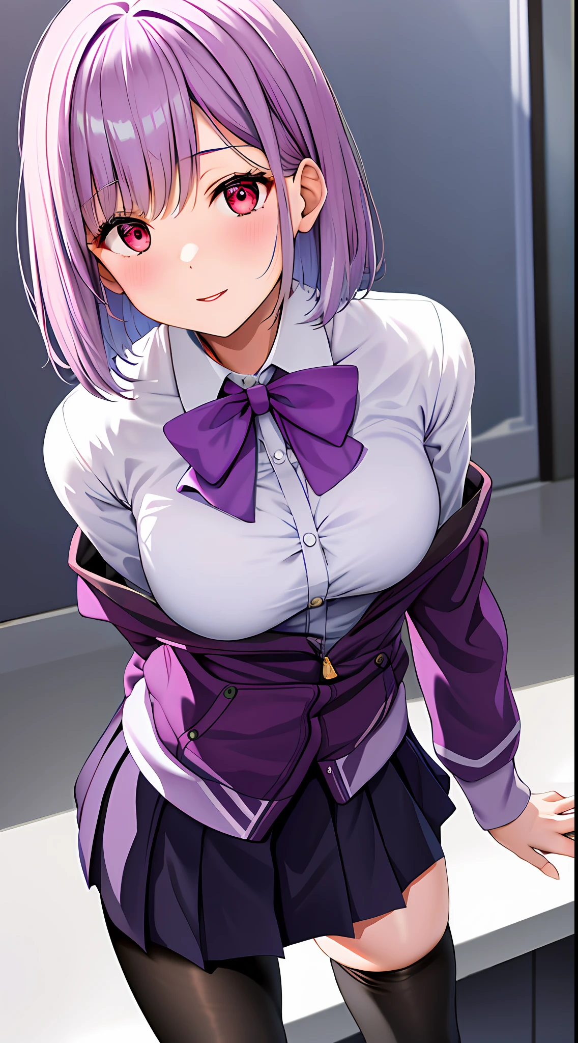 Masterpiece, Best quality, A high resolution, Akane Shinjo, 1girll, Solo, Pantyhose, shirt, bow, Skirt, purple jacket, Jacket, White shirt, Long sleeves, Short hair, Black skirt, Collared shirt, Black pantyhose, Open clothes, neck bowtie, Purple bow, Breasts, bangs, Red eyes, Pleated skirt, cropped shoulders, Open jacket, sleeves past wrists, Light purple hair, Purple bow tie, Miniskirt,  Cowboy shot, Classroom,