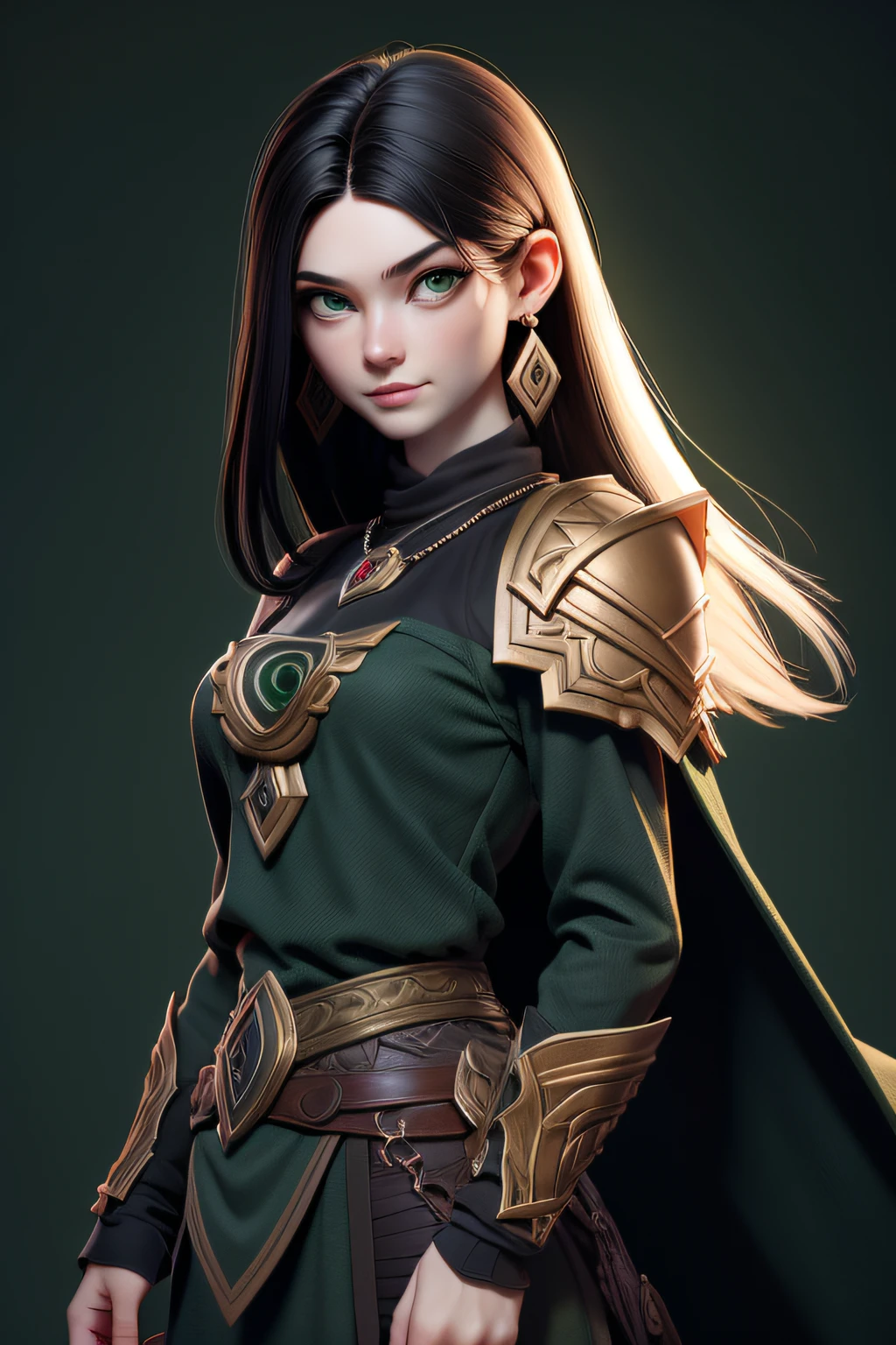 masterpiece, best quality, 1 girl, green eyes, pale skin, dark black hair, straight hair, medium hair, earrings, jewelry, viking, green clothes, Bronw clothes, simple background, solo, upper body