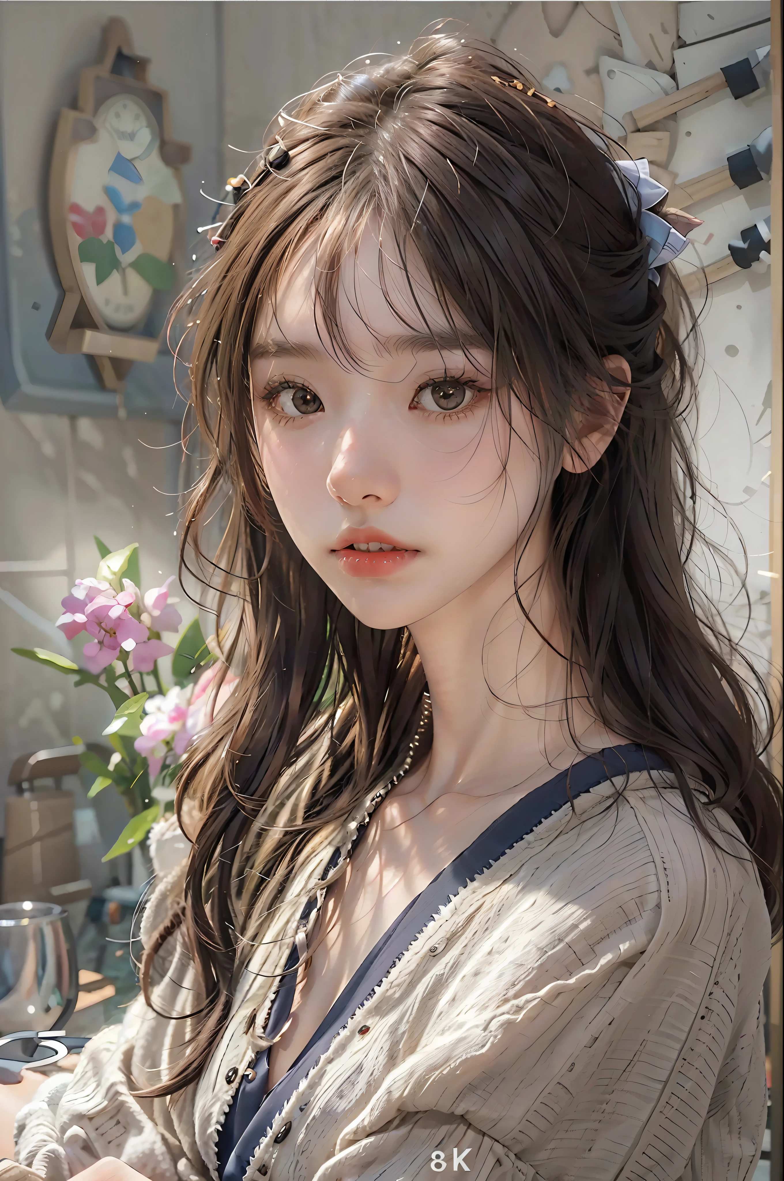 （8K, Yes， 4K， best qualtiy， A high resolution：1.2）， （marsterpiece， realisticlying， photograph realistic：1.37），（tmasterpiece，best qualtiy，Beautiful quality，Photorealsitic，looking at viewert，Detailed lighting，Delicate complexion， The upper part of the body， Small of breast，plumw,,, onbed， two sides up，Absurdly long hair，brunette color hair，Black hair，By bangs，hair adornments，Bow knot， 年轻，Getting older，Extremely detailed teeth，shadowing，8K：1.2），（photograph of a woman，1girll：1.2），