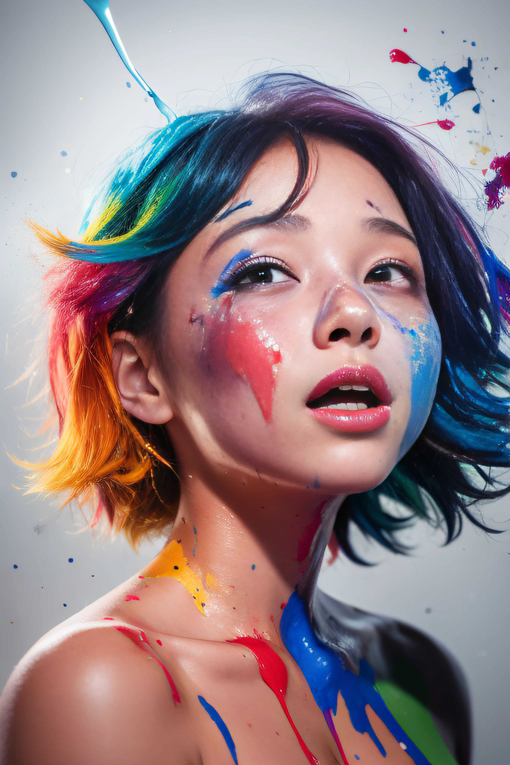 (level difference:1.8),(Paint colliding and splashing on the canvas),(depth of field),1girl's side face blends into it,((side face)),open mouth,(liquid paint rainbow hair:1.1) made of paint and defies gravity,thick flowing,(paint splatter:1.3),Liquid state,stunningly beautiful, masterpiece, detailed background,ultra high quality model, ethereal background,abstract beauty, explosive volumetric, oil painting,heavy strokes,Romantic lighting,Sub-Surface Scatterring,lens 135mm,f1.8,glow,8k,high resolution, dreamy,ray tracing,hdr,god rays,