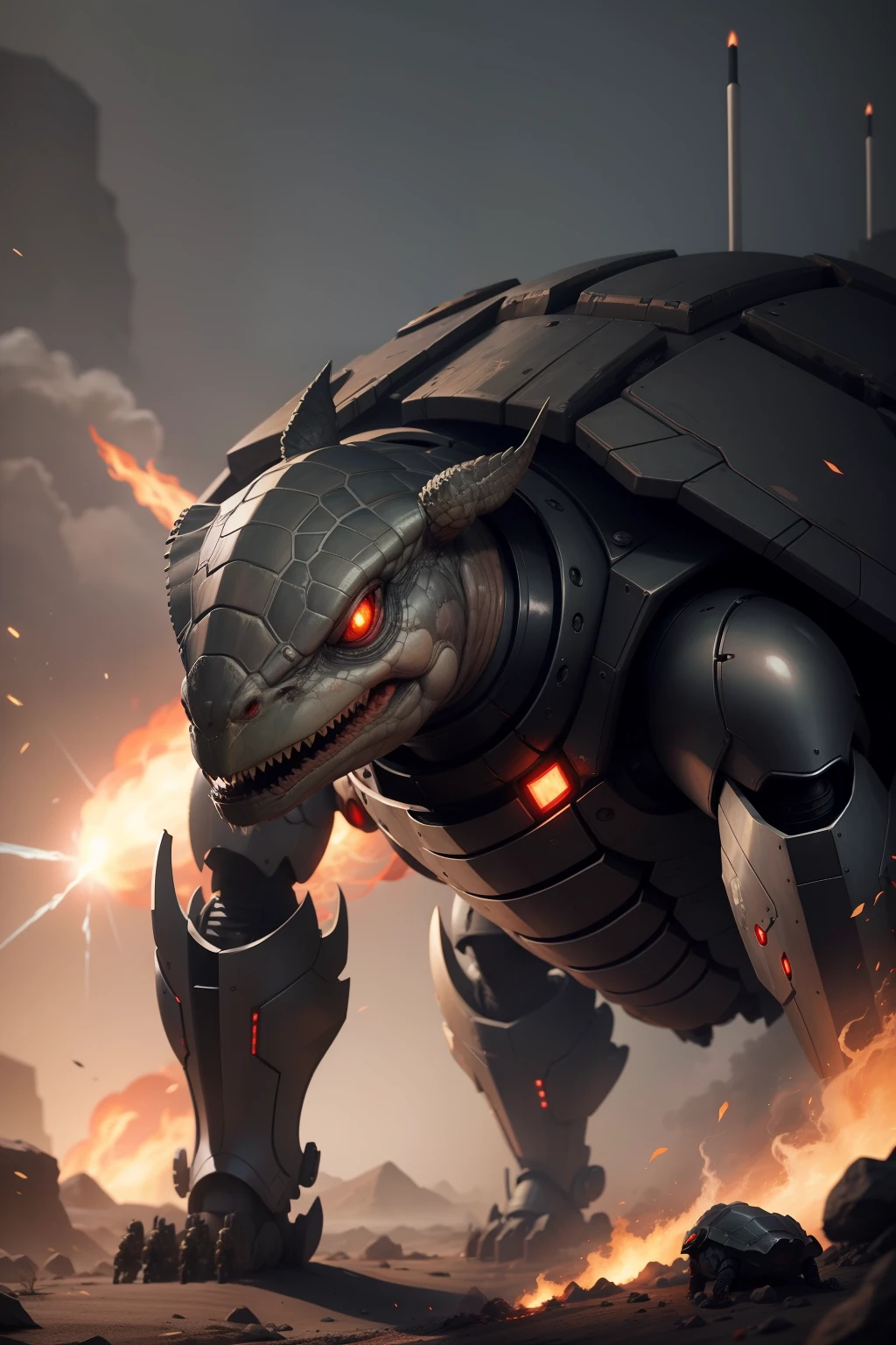 ![One head and limbs are covered in silver metal,The back is armed with missile launchers and machine guns,The eyes glow red,A robotic turtle whose body still retains the original tortoise carapace。It looks like it has amazing defensive power and firepower。](https://i.imgur.com/3ifnU6A.png)
