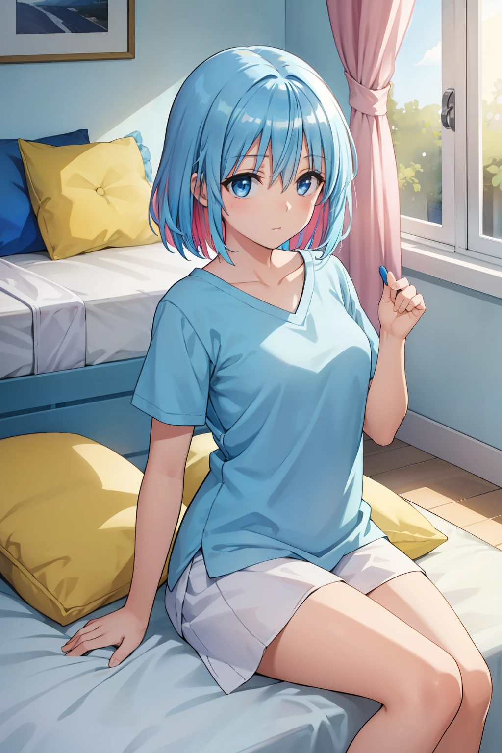 one-girl, Wear blue short sleeves, blue color eyes, on top of the bed,pillow head, Study desk, janelas, rays of sunshine, multicolored hair, bow hair band, hyper HD, Masterpiece, ccurate, High details, Best quality