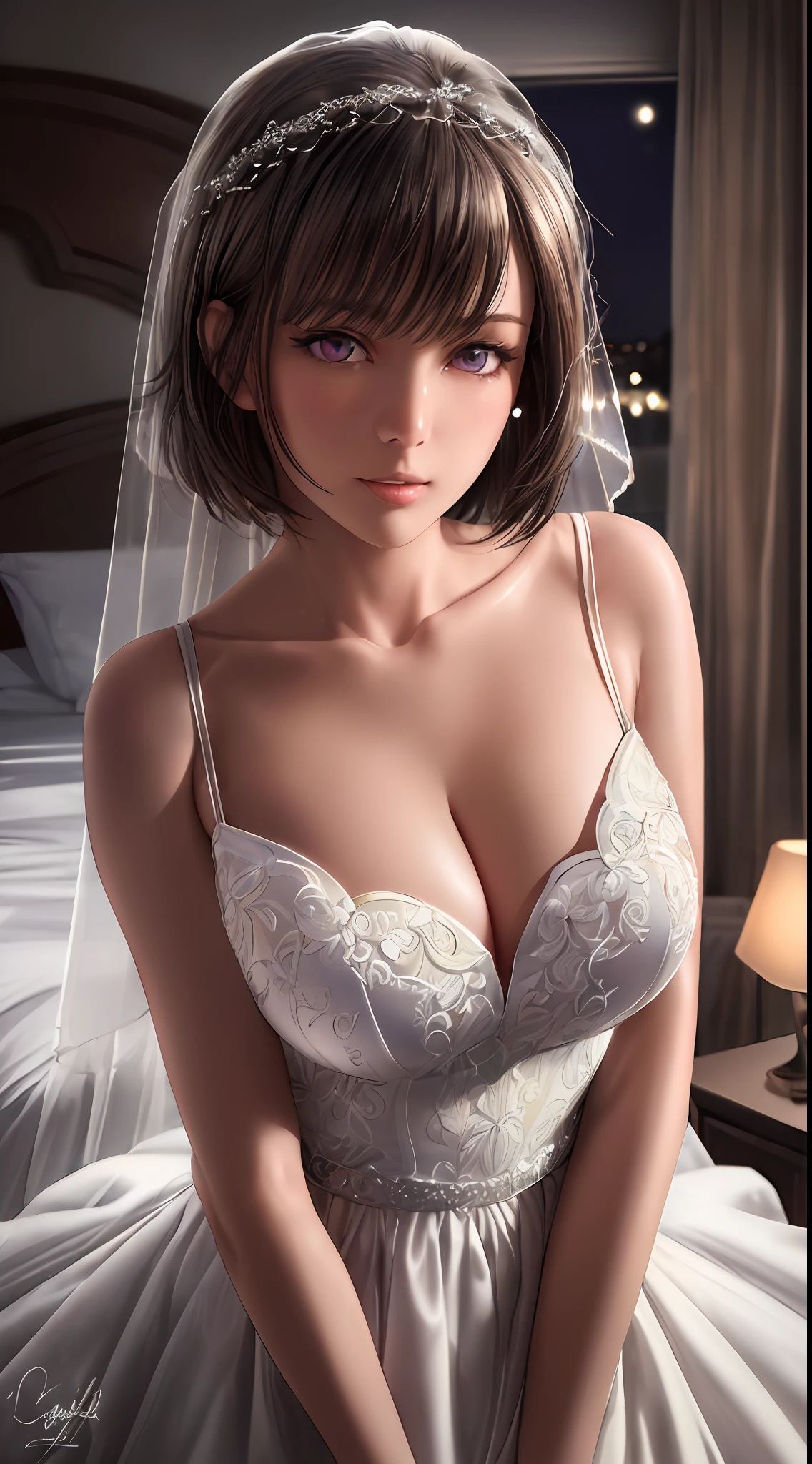 ((((masterpiece, best quality, high resolution)))), Extremely detailed 8K, Beautiful girl body, (Ultra HD, Ultra-detailed, Highly detailed, Highly realistic, Ultra-realistic, photograph realistic), (1girl:1.5), (Realistic white hair), short wavy hair, bob cut, (dynamic poses), facing at camera, purple eyes, average breasts, cleavage, blush, light smile, parted lips, glow, (beautiful detailed face, beautiful detailed eyes), (wedding dress, bridal veil, bridal garter), bedroom, night time, night light, seductive expression, seductive eyes, lustrous, (night time, night light, moonlight)