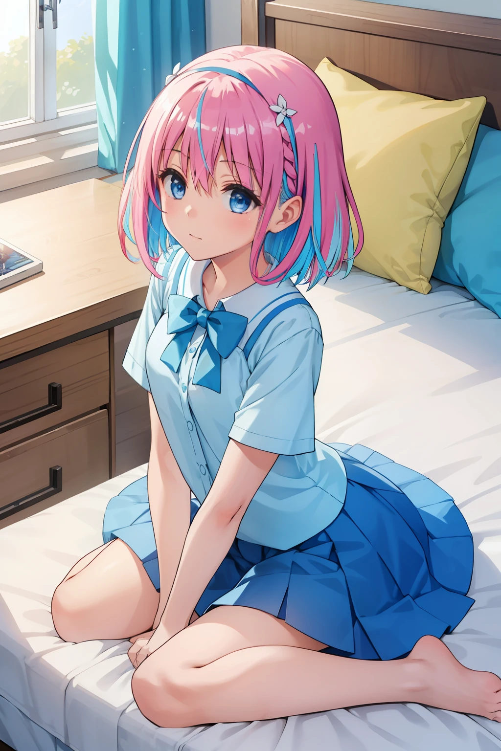 one-girl, Wear blue short sleeves, blue color eyes, on top of the bed,pillow head, Study desk, janelas, rays of sunshine, multicolored hair, bow hair band, hyper HD, Masterpiece, ccurate, High details, Best quality