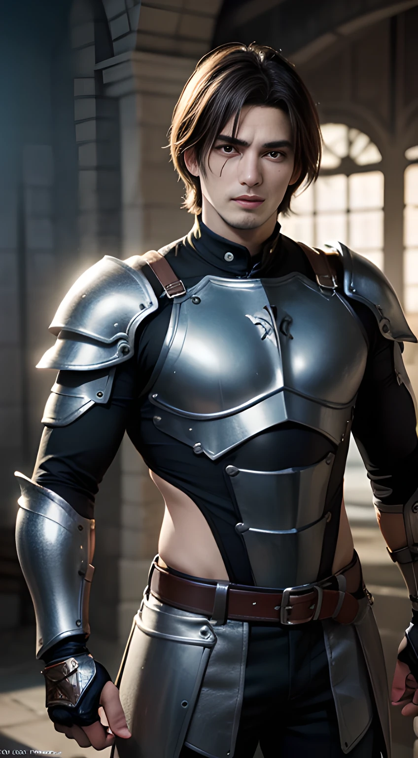 ((Men only)), (cowboy shot), (Handsome muscle male gladiator in his 20s), A strapping warrior with a chiseled physique, clad in formidable armor, exuding strength and determination in every stance, (Leon Kennedy), Mischievous smile, (detaile: 1 in 1), Natural muscles, HIG quality, beautidful eyes, (Detailed face and eyes), (Face、: 1 / 2), Noise, Real Photographics、... ............................................................................................................PSD, Sharp Focus, High resolution 8K, realisitic & Professional Photography, 8K UHD, Soft lighting, High quality, Film grain, FujifilmXT3