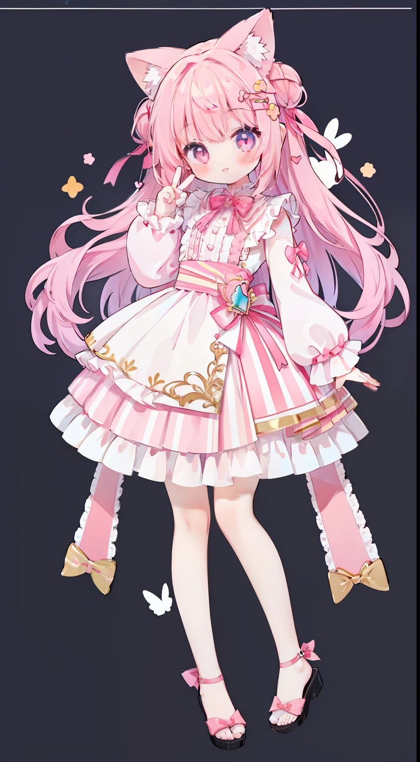 Standing picture、full body Esbian、masterpiece、top-quality、Long、Top image quality、cute little、One girl、A pink-haired、Ribbon on the head、Ribbon clothing、frilld、sano、piece sign、Double Peace Sign、Pink eyes、