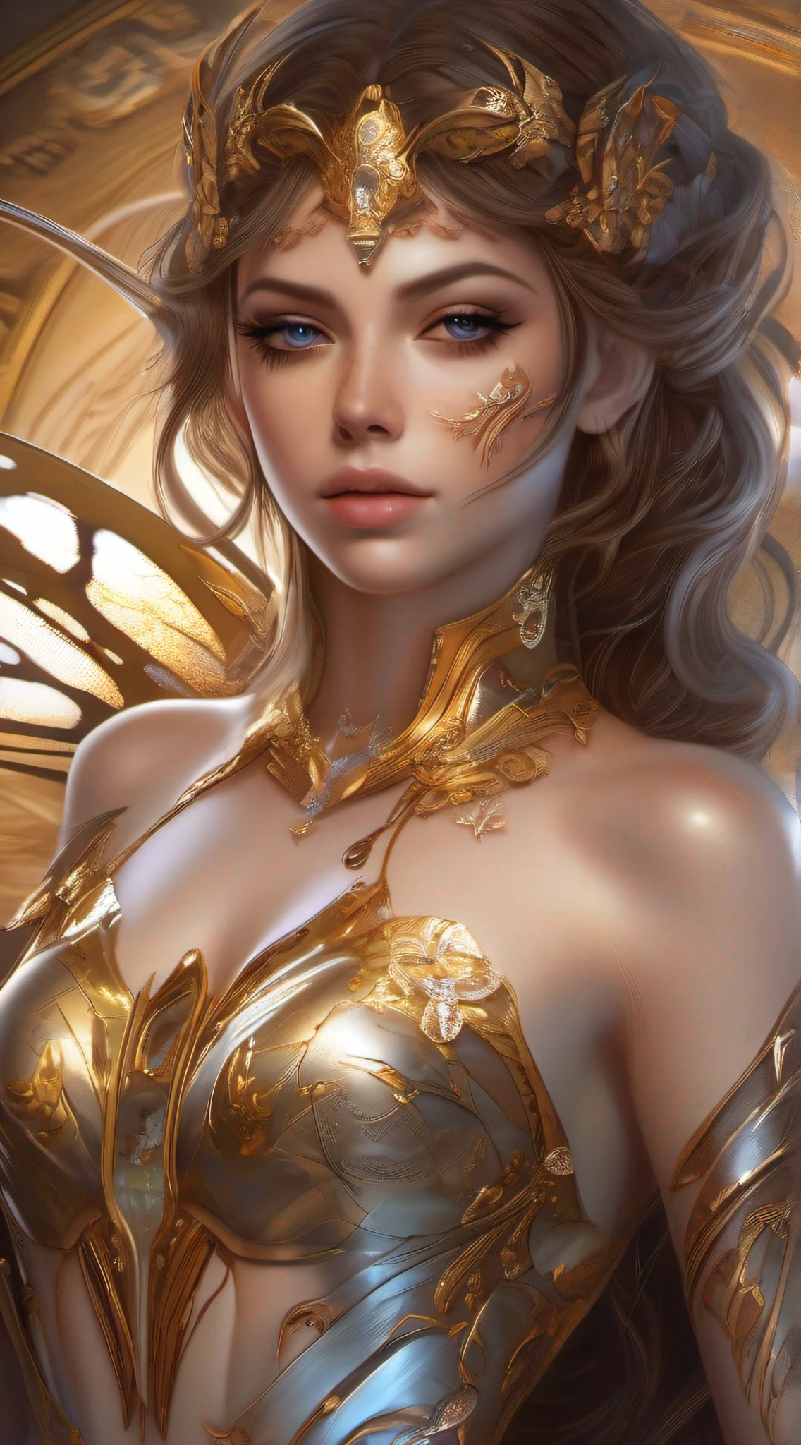 photo, 8k portrait of beautiful cyborg with brown hair, intricate, elegant, highly detailed, majestic, digital photography, art by artgerm and ruan jia and greg rutkowski surreal painting gold butterfly filigree, broken glass, (masterpiece, sidelighting, finely detailed beautiful eyes: 1.2), big tits, Narrow waist, Big eyes, full body, hdr, realistic, high definition