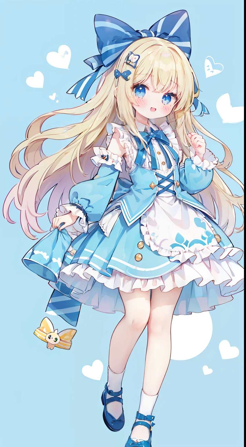 Standing Picture、full bodyesbian、One Girl、cute little、alice in the wonderland、Alice in Wonderland Costume、Yellow paper、Wavy hair、light blue  eyes、Alice in Wonderland background、onepiece