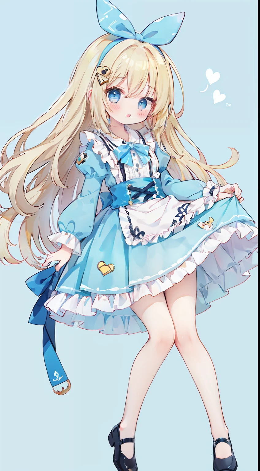 Standing Picture、full bodyesbian、One Girl、cute little、alice in the wonderland、Alice in Wonderland Costume、Yellow paper、Wavy hair、light blue  eyes、Alice in Wonderland background、onepiece