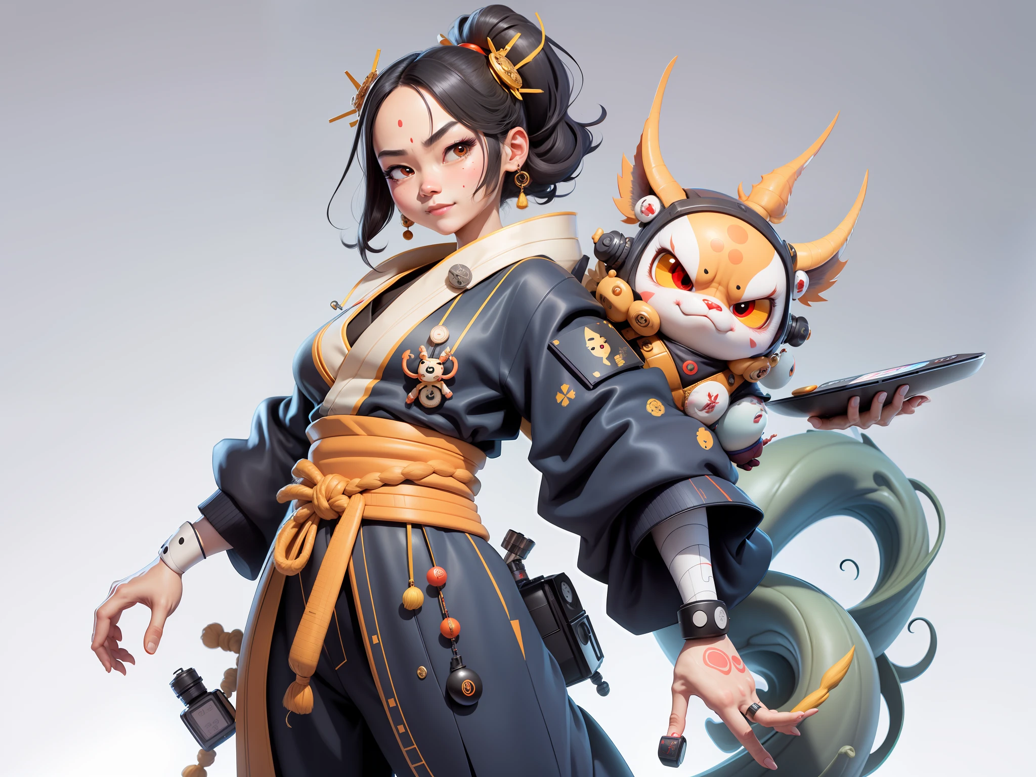 (Daisaku),(Need),(Super meticulous),(full bodyesbian:1.2),Japanese ukiyo-e girl,japanese geisha,Beautiful,Oriental dragon,Aeolian Thor,Raised sexy,爆乳,Oriental face,TV Anchor,Bust portrait illustration,Alone,In black suit,a blue tie,The face is slightly chubby,The face was clean,without a beard,Black super short hair,Black eyes,Smile confidently,3C computer sub-products,iPad, iphone,Digital painting,3D character design by Mark Clairen and Pixar and Hayao Miyazaki and Akira Toriyama,The illustration is a high-definition illustration in 4K resolution,With very detailed facial features and cartoon-style visuals。