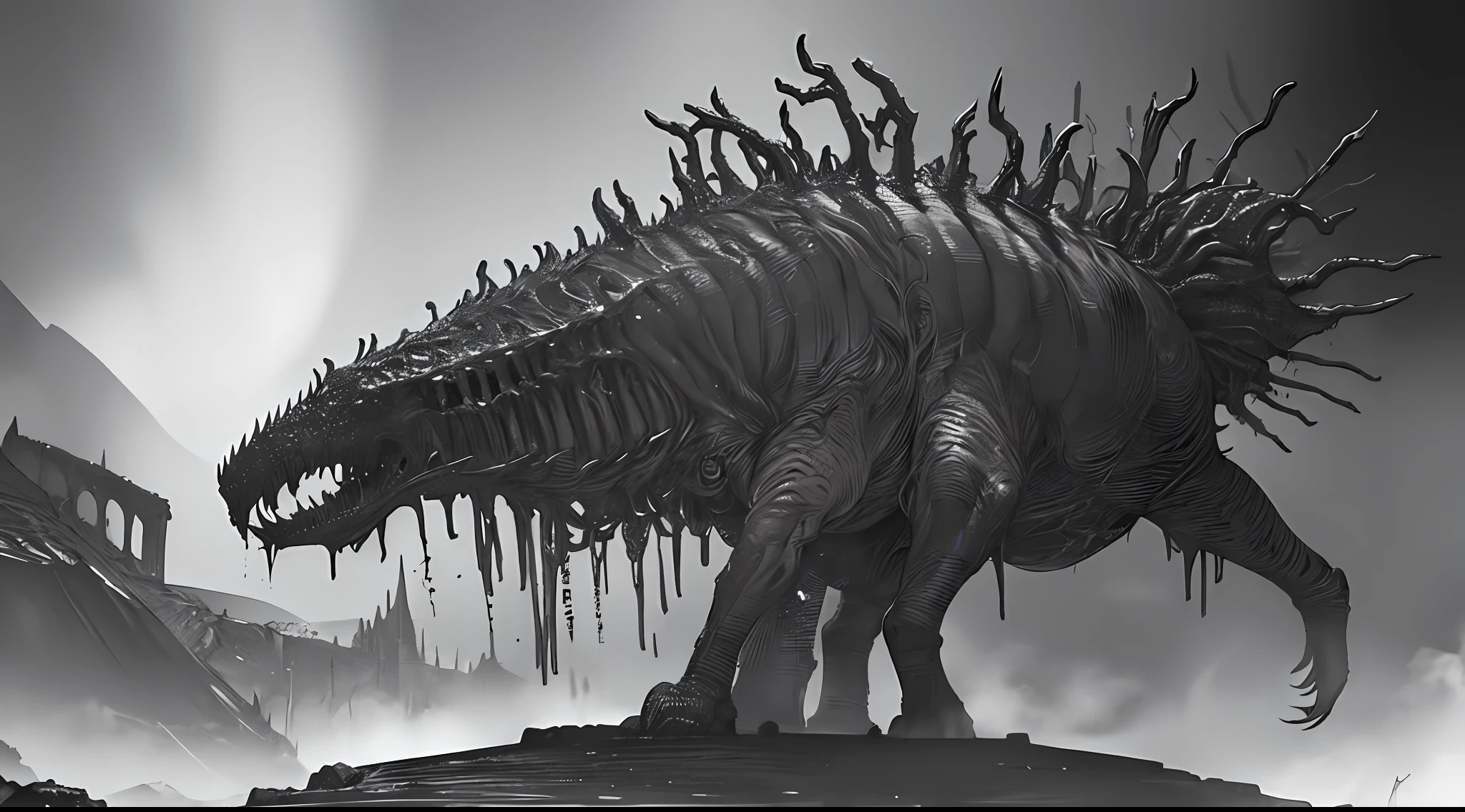 masterpiece, best quality, highres, ultra-detailed, dark night, horror, creepy ancient evil creature, abandoned mine, monochromatic (manga spread by kentaro miura, tsutomu nihei)
